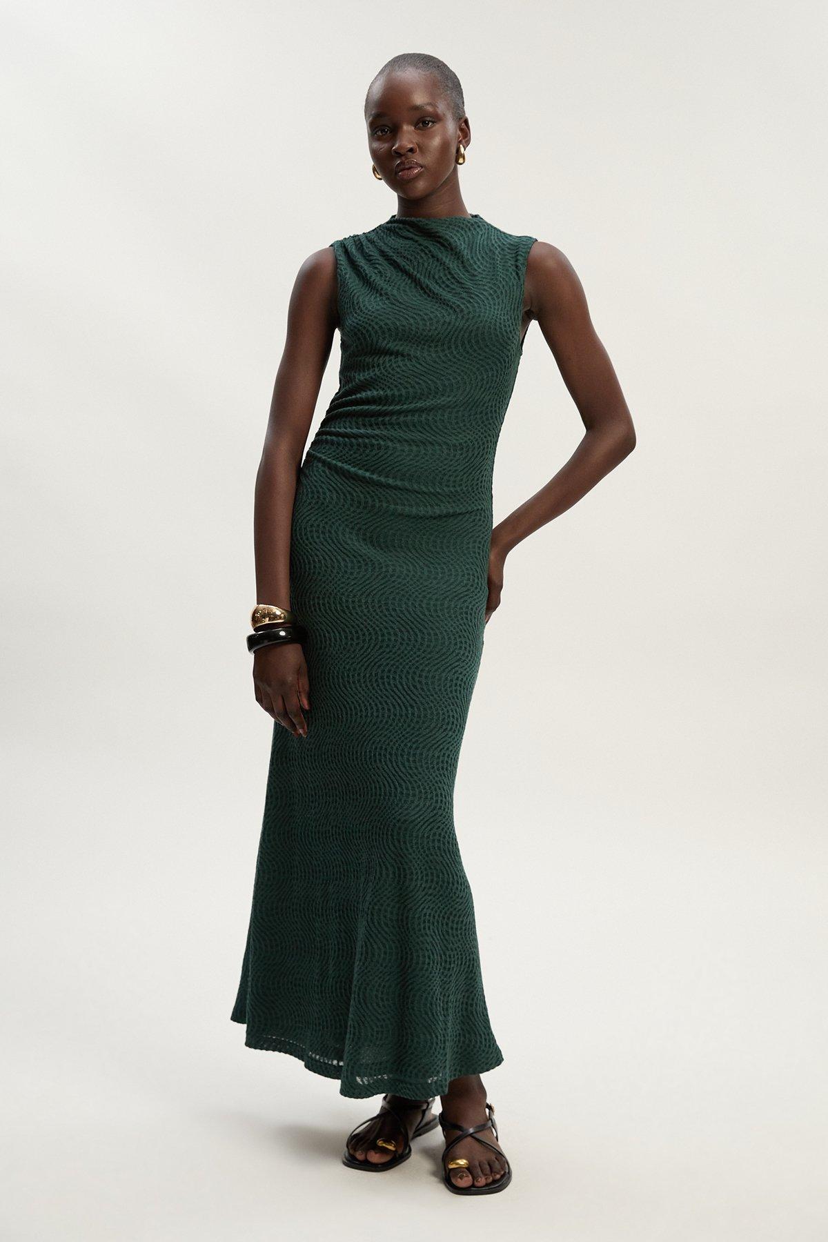 Sheered Textured Jersey Maxi Dress - Green