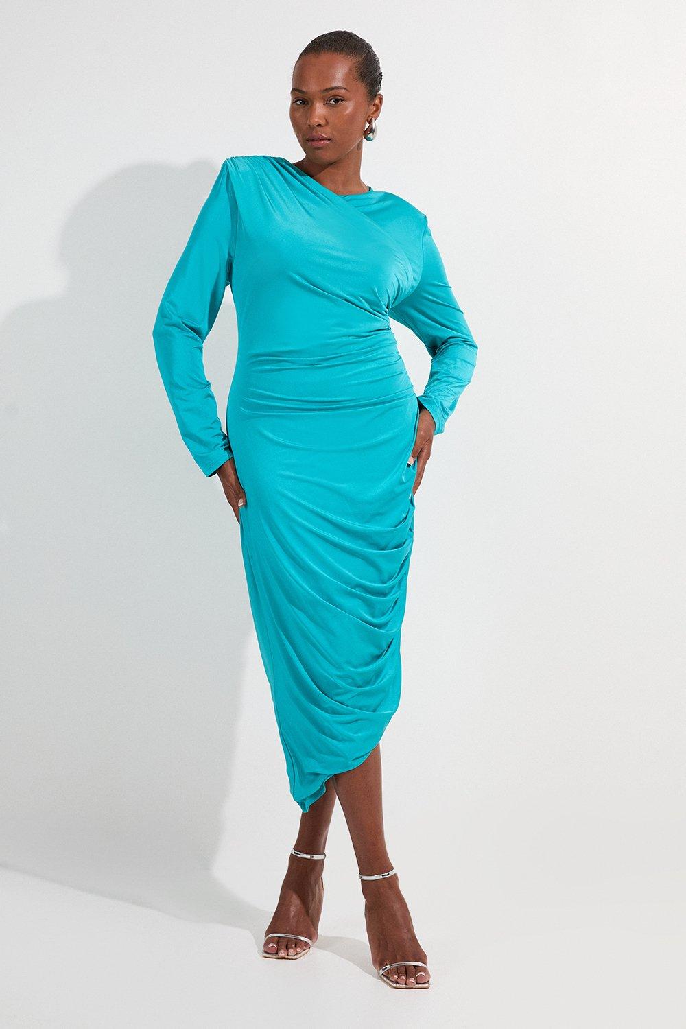 Plus Size Jersey Crepe Ruched Long Sleeve Maxi Dress - Blue