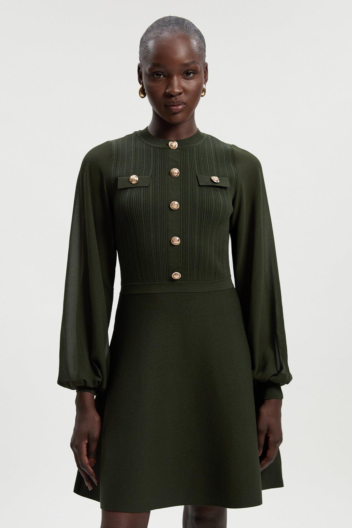 Petite Viscose Blend Mini Knit Dress With Chiffon Sleeve Military Trim - Olive