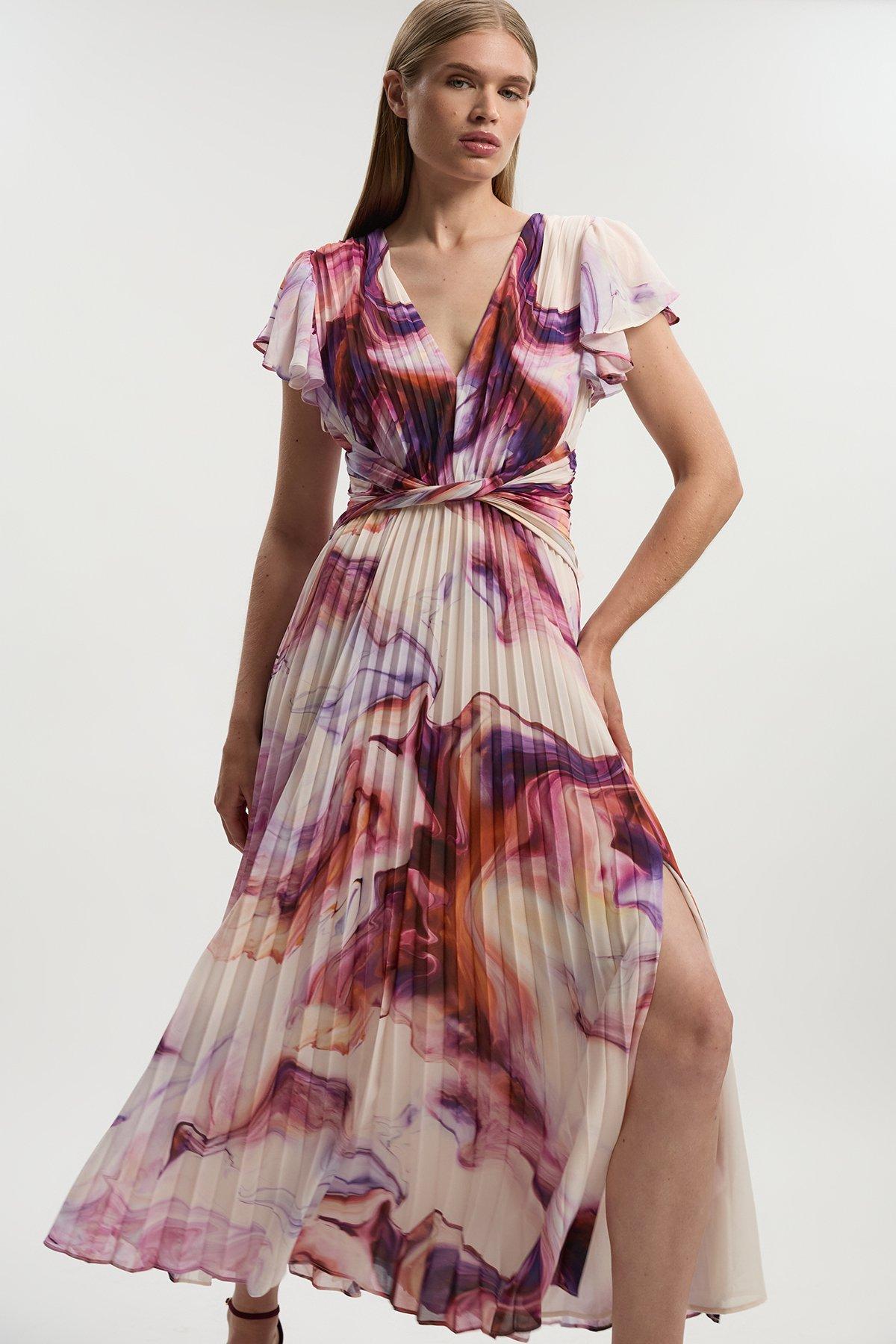 Marble Soft Pleated V Neck Woven Maxi Dress