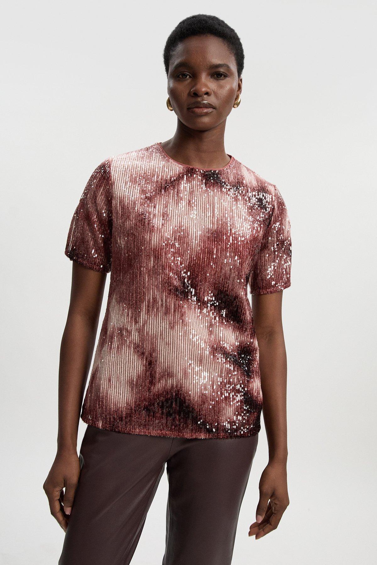 Ombre Sequin Woven Strong Shoulder Top