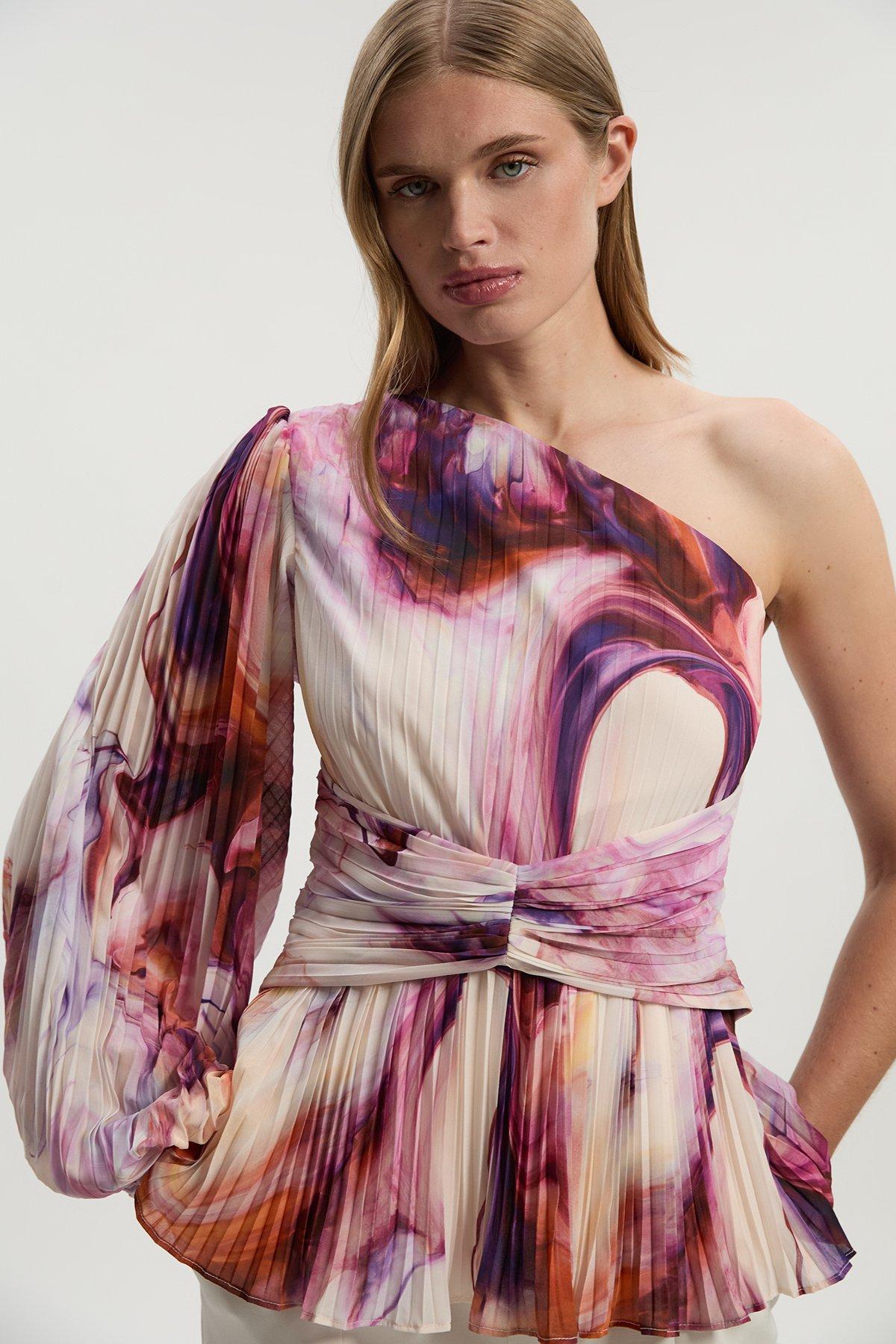 Marble Soft Pleated One Shoulder Blouse
