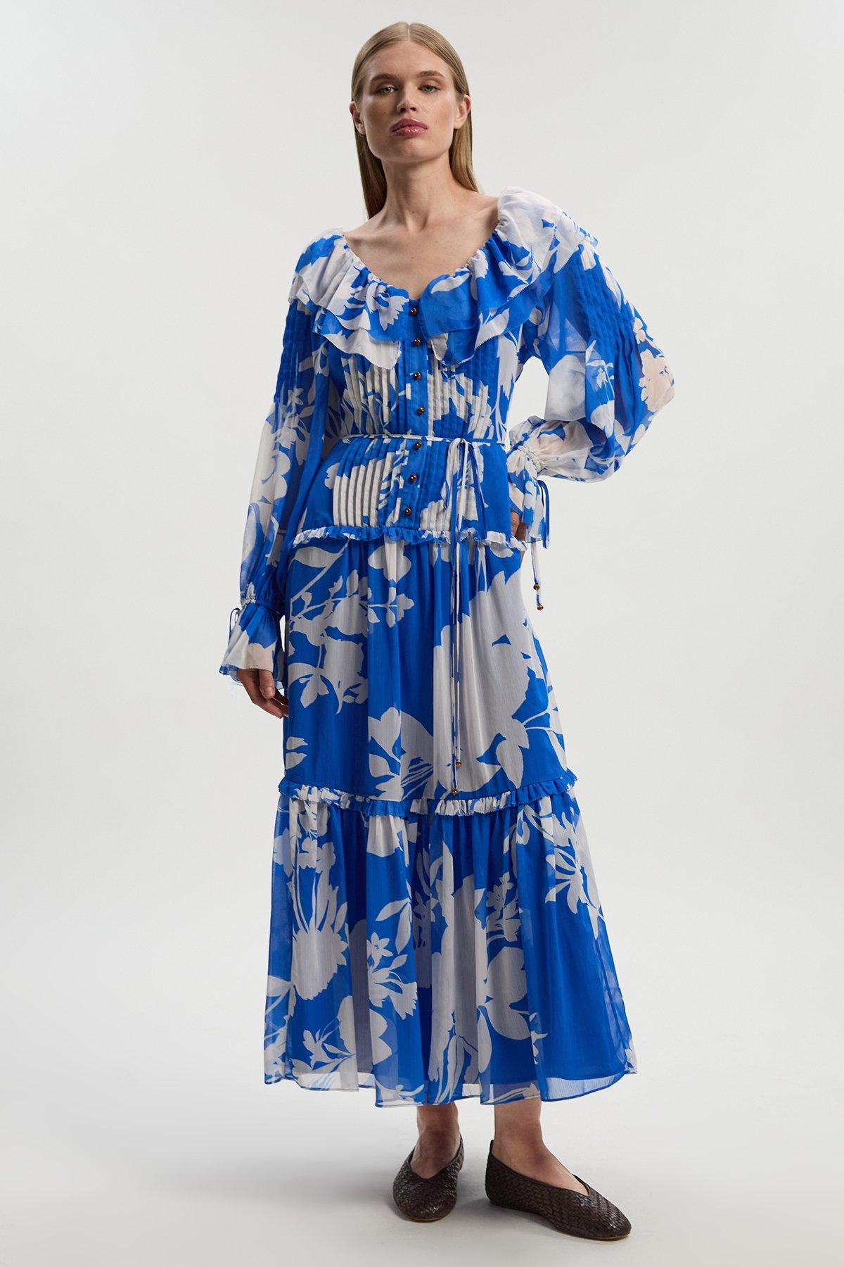 Printed Georgette Ruffle Woven Maxi Dress - Blue