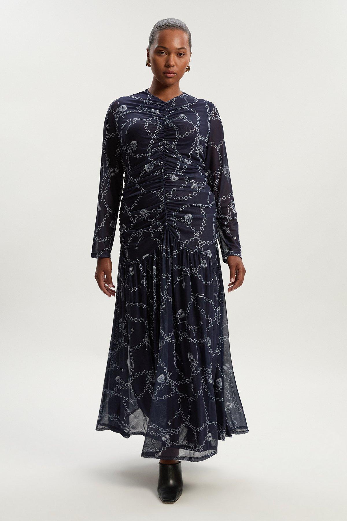 Plus Size Chain Print Mesh Maxi Dress - Blue