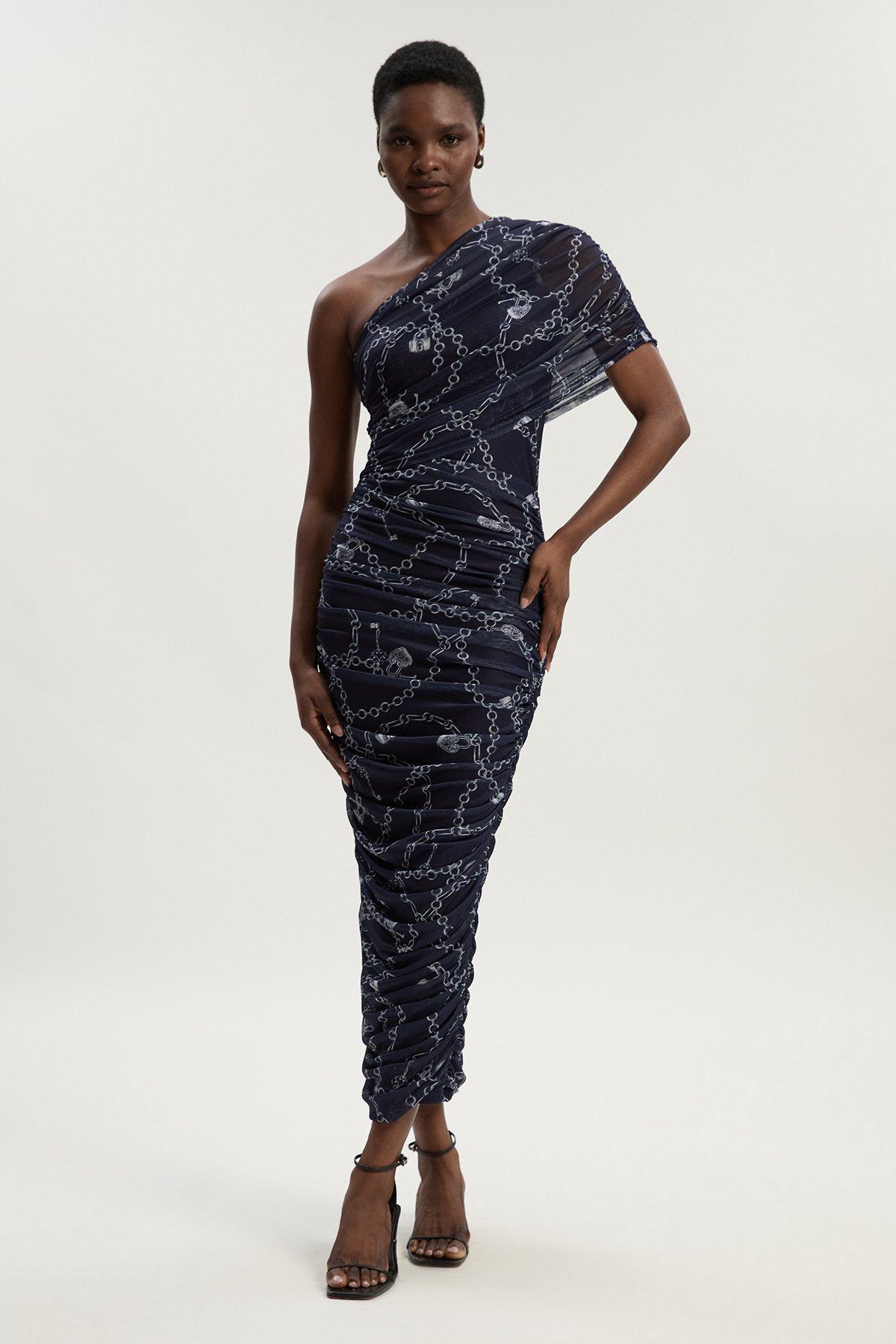 Petite Chain Print Mesh One Shoulder Midi Dress - Blue