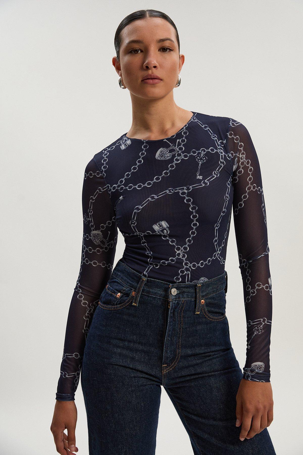 Long Sleeved Chain Print Mesh Bodysuit - Blue