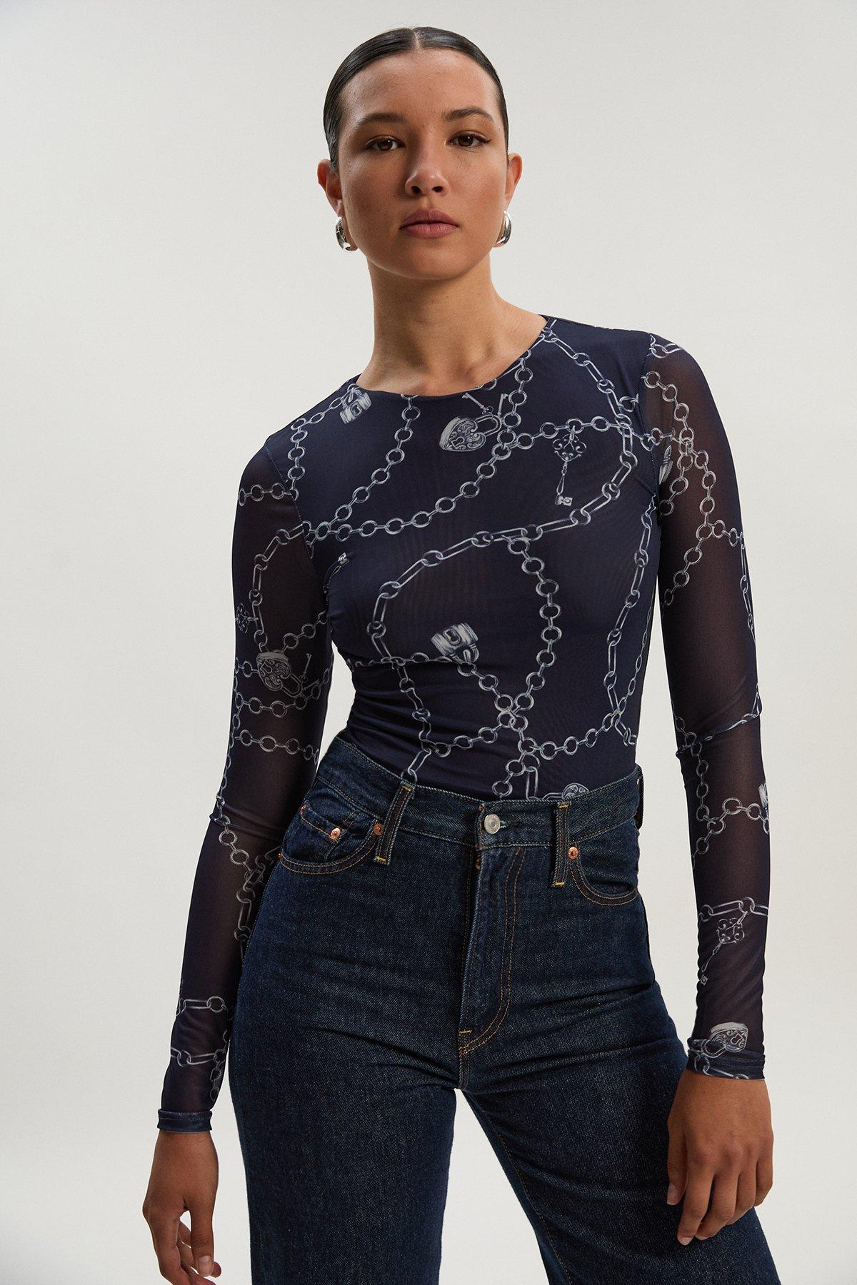 Petite Long Sleeved Chain Print Mesh Bodysuit - Blue