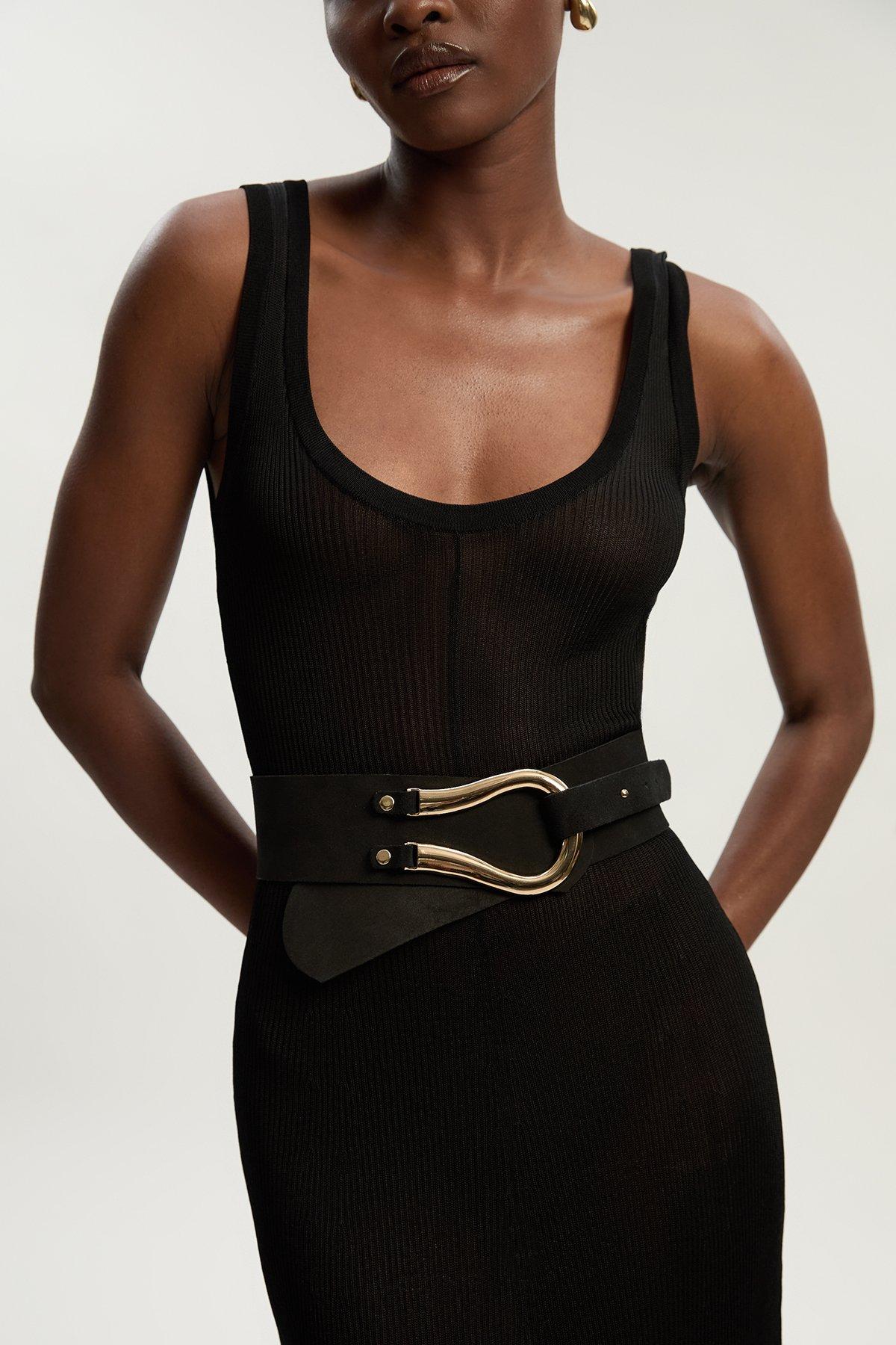Suede Hardware Detail Waist Belt - Black