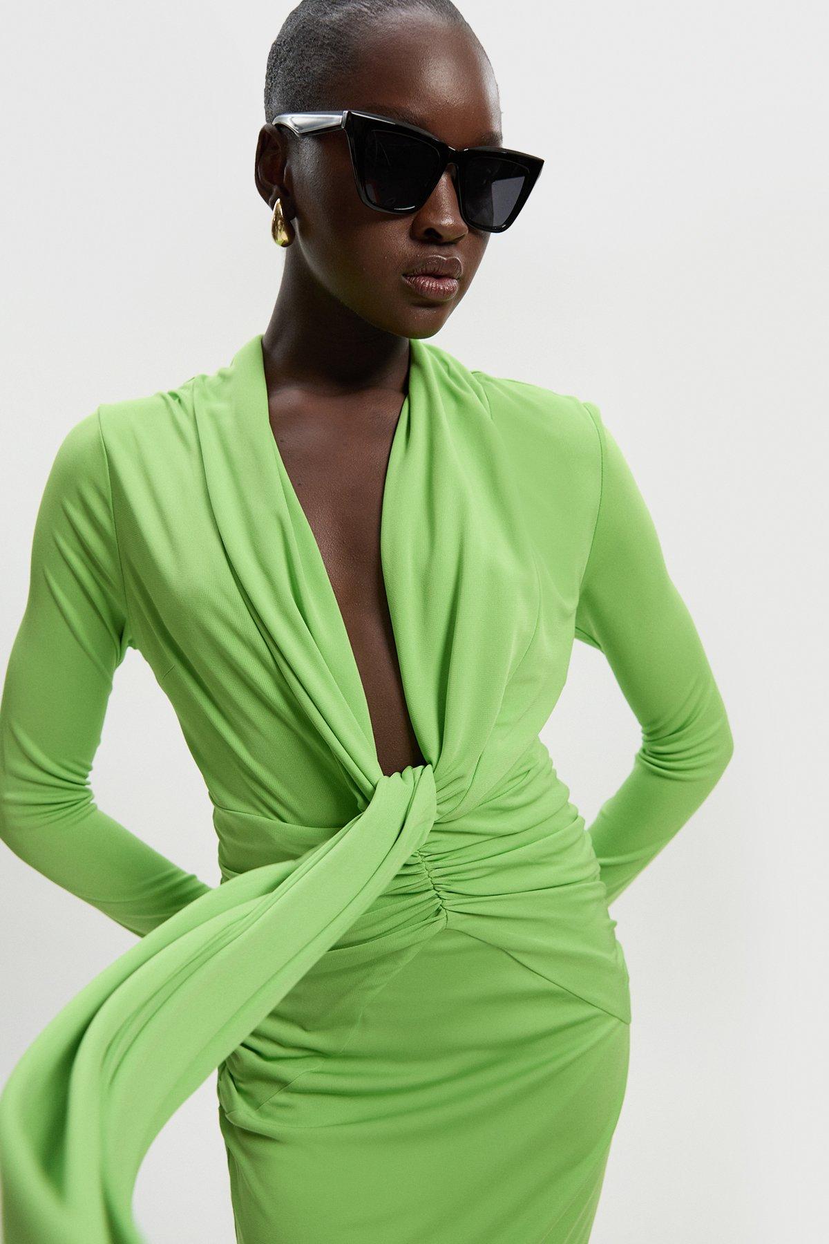 Premium Stretch Crepe Jersey Plunge Neck Maxi Dress - Bright Green