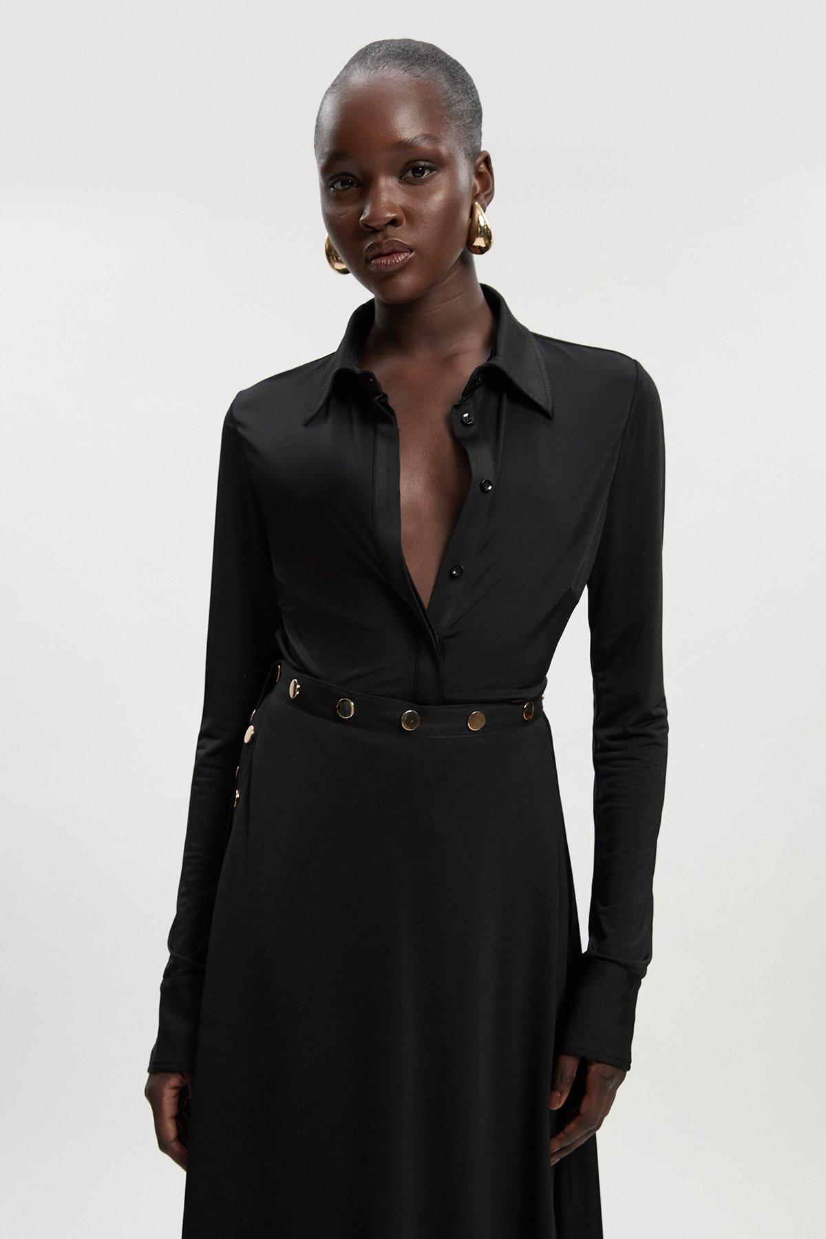 Petite Drapey Crepe Slim Collared Shirt - Black