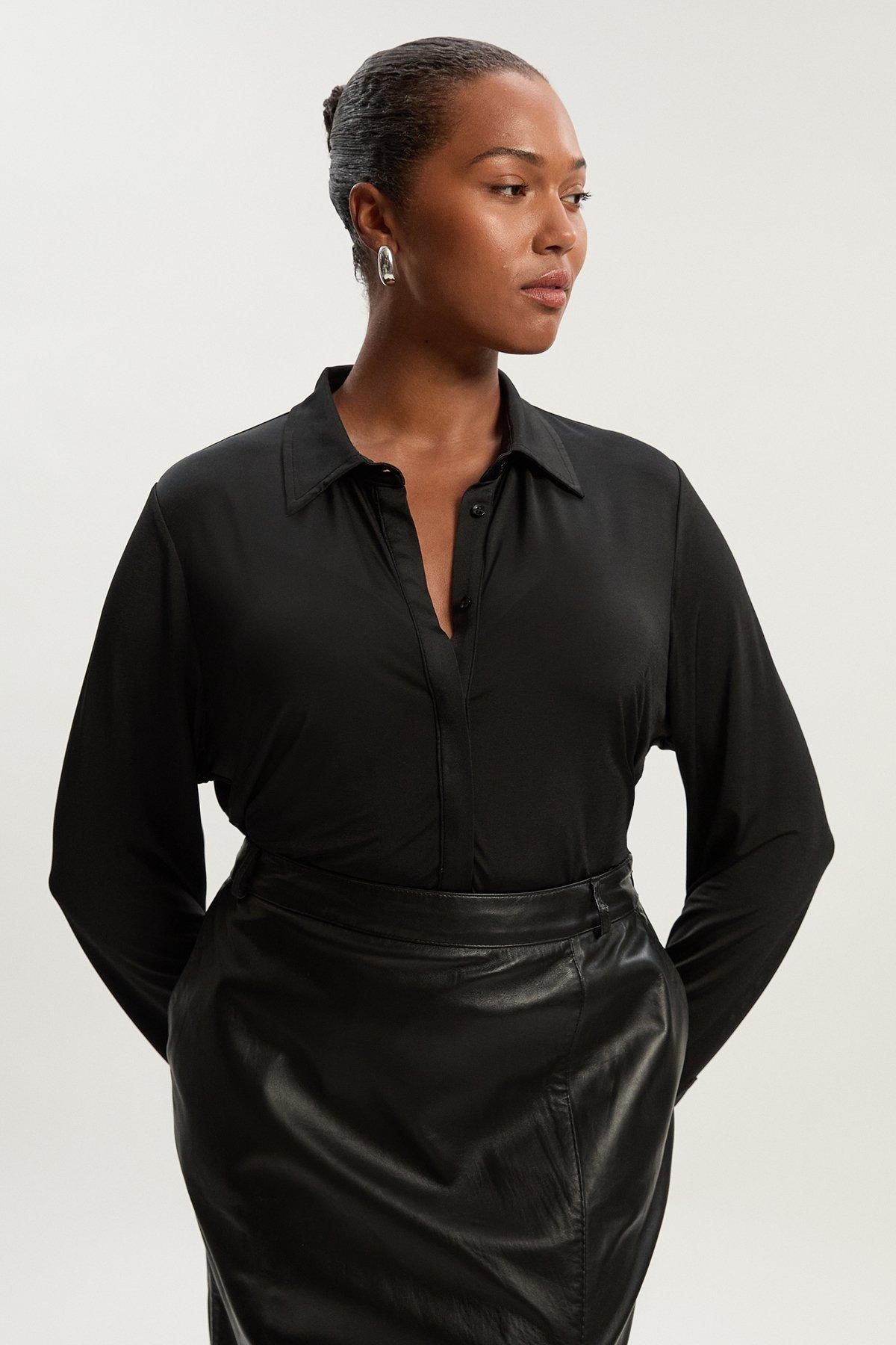 Plus Size Drapey Crepe Slim Collared Shirt - Black