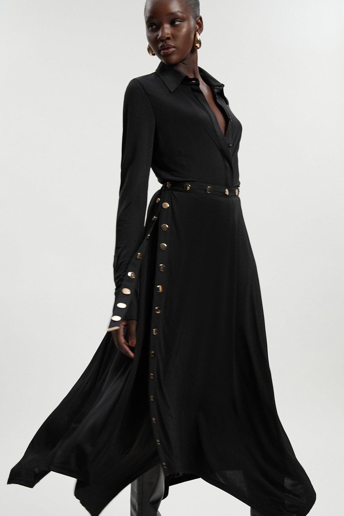 Petite Drapey Crepe Hanky Hem Eyelet Detail Maxi Skirt - Black
