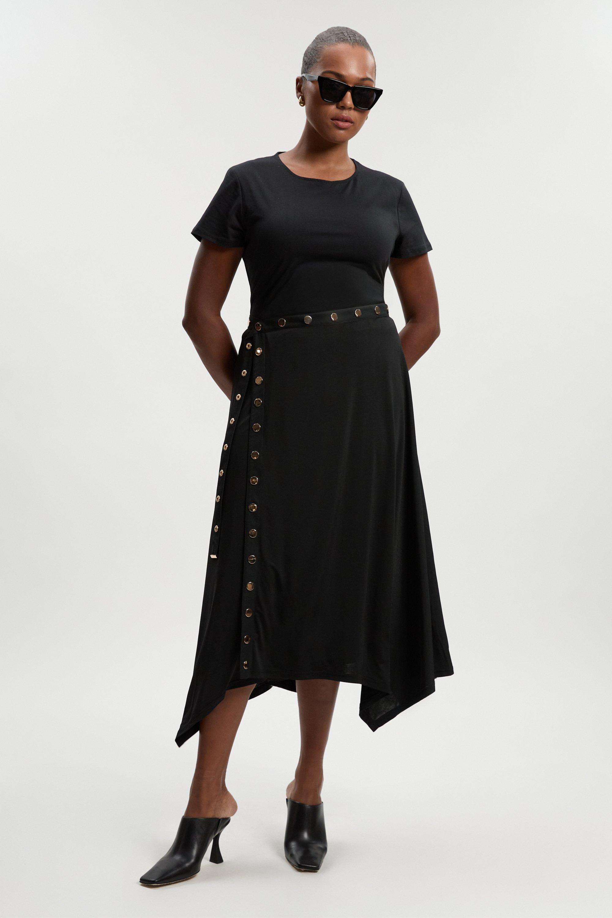 Plus Size Drapey Crepe Hanky Hem Eyelet Detail Maxi Skirt - Black