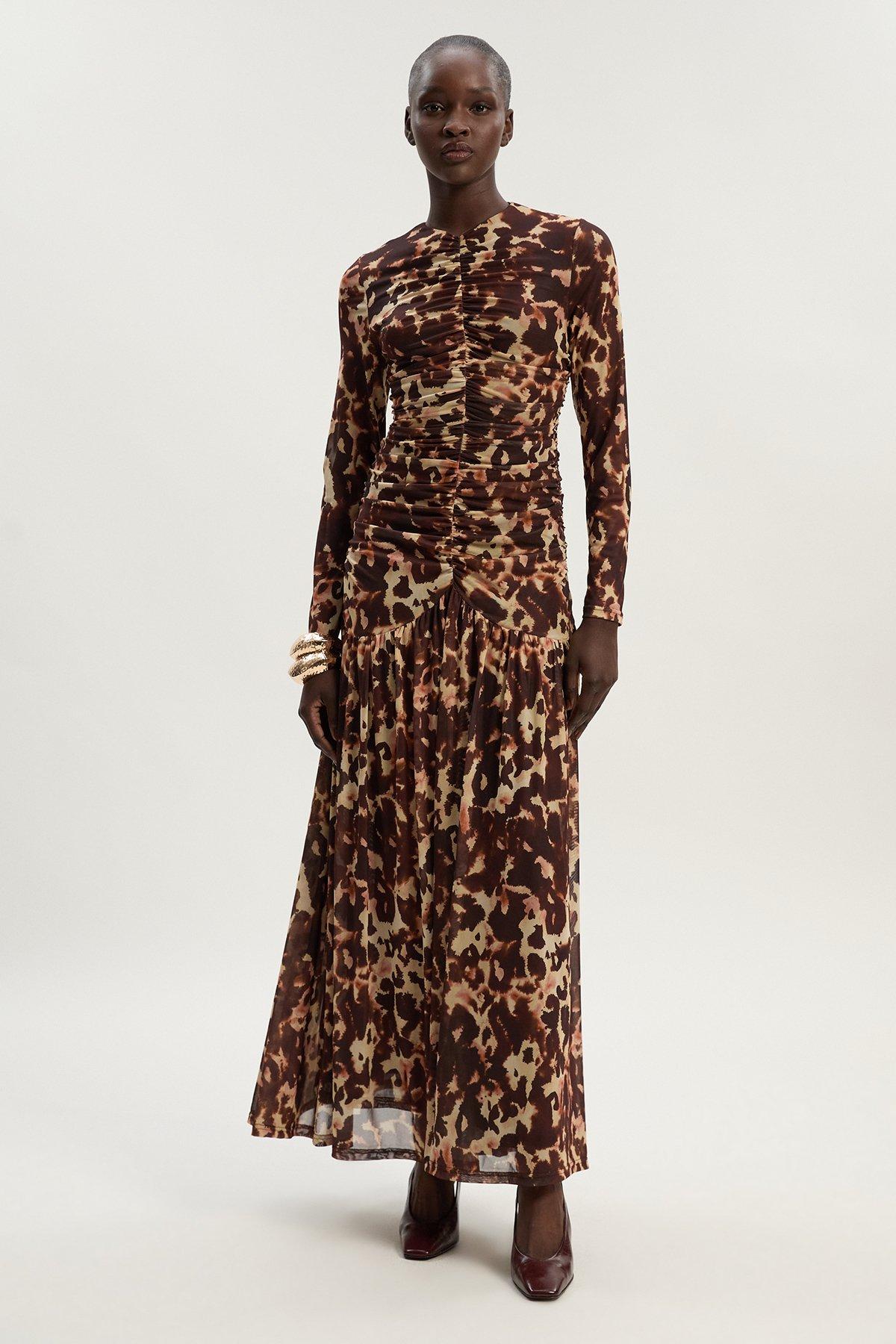 Petite Leopard Print Mesh Maxi Dress