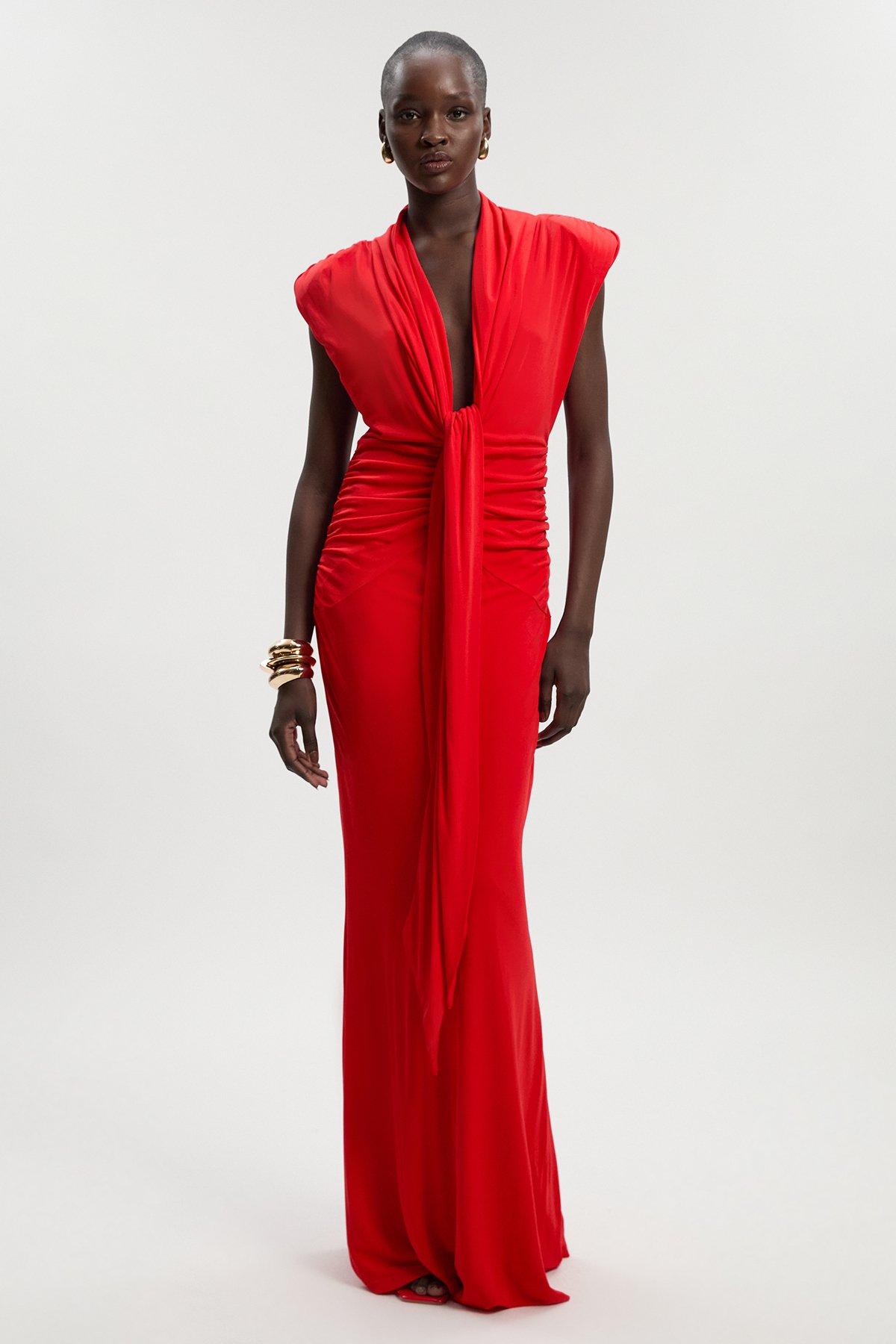 Plunge Ruched Twist Jersey Maxi Dress - Red