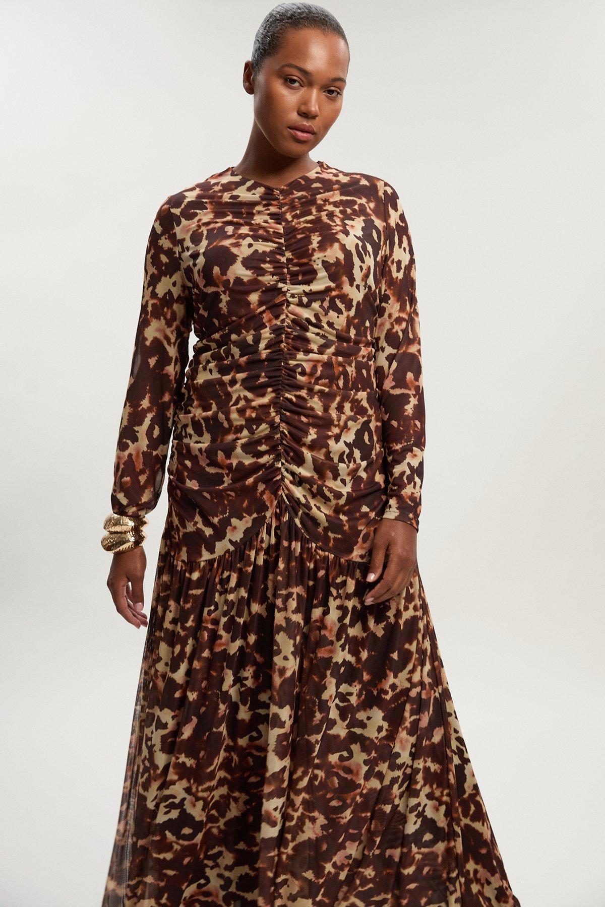Plus Size Leopard Print Mesh Maxi Dress