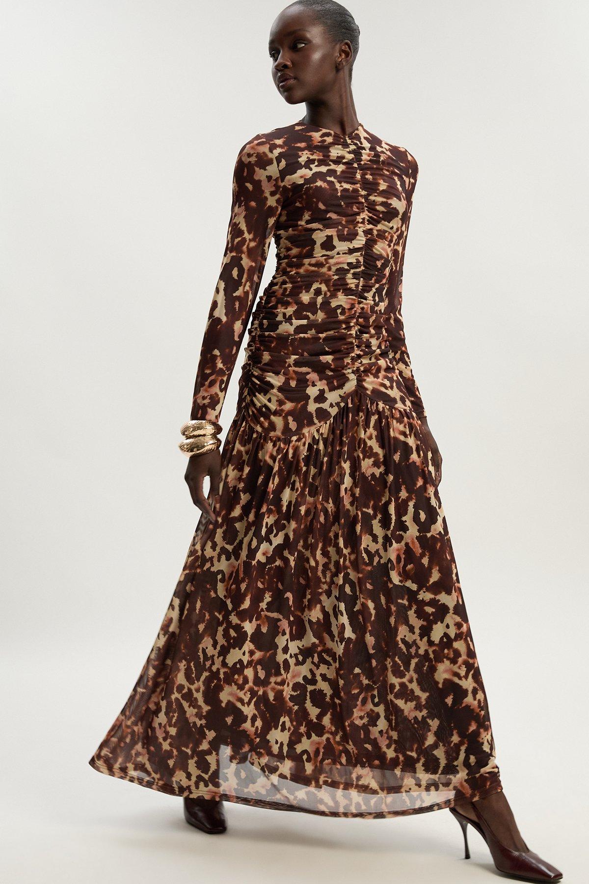 Leopard Print Mesh Maxi Dress
