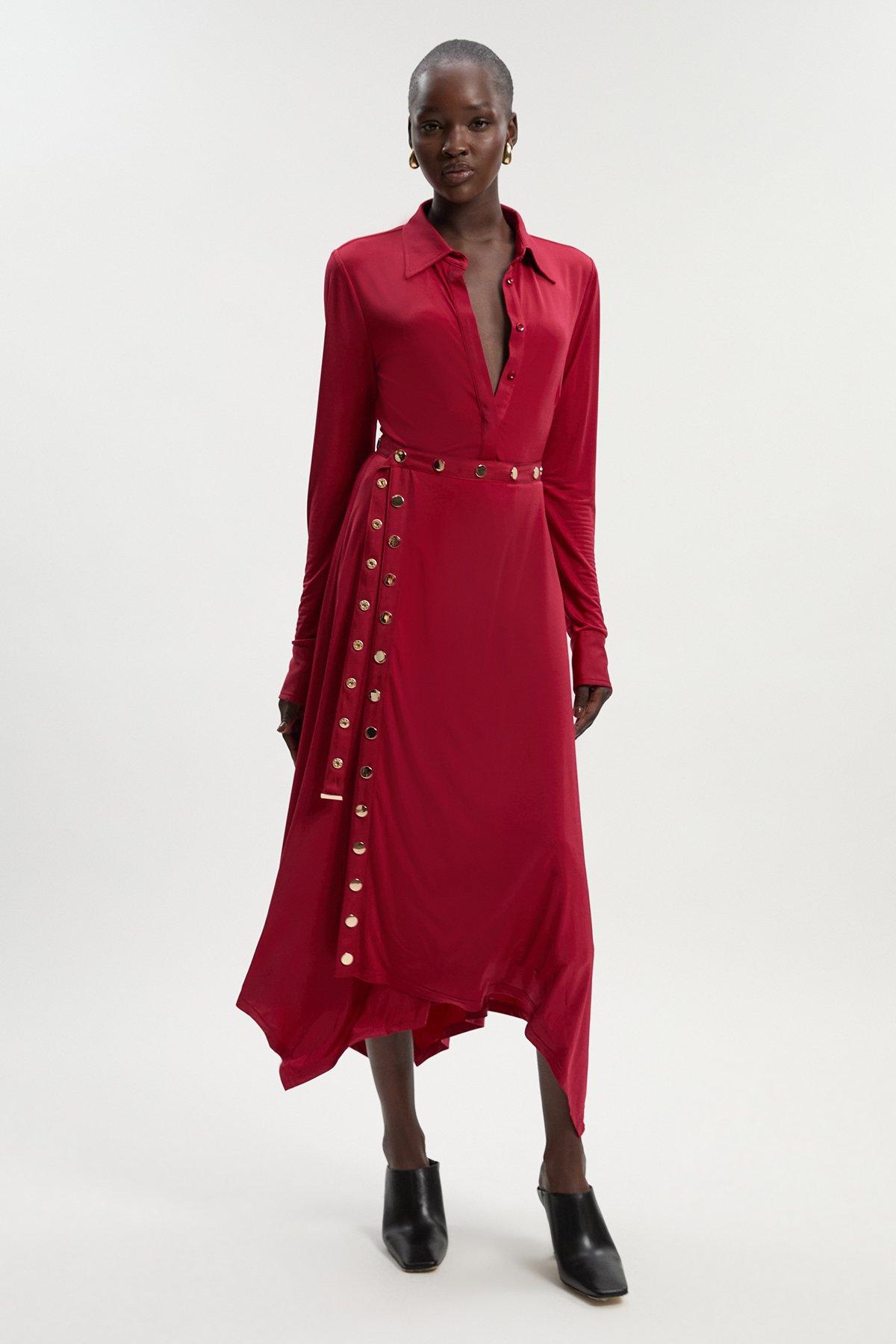 Drapey Crepe Hanky Hem Eyelet Detail Maxi Skirt - Red