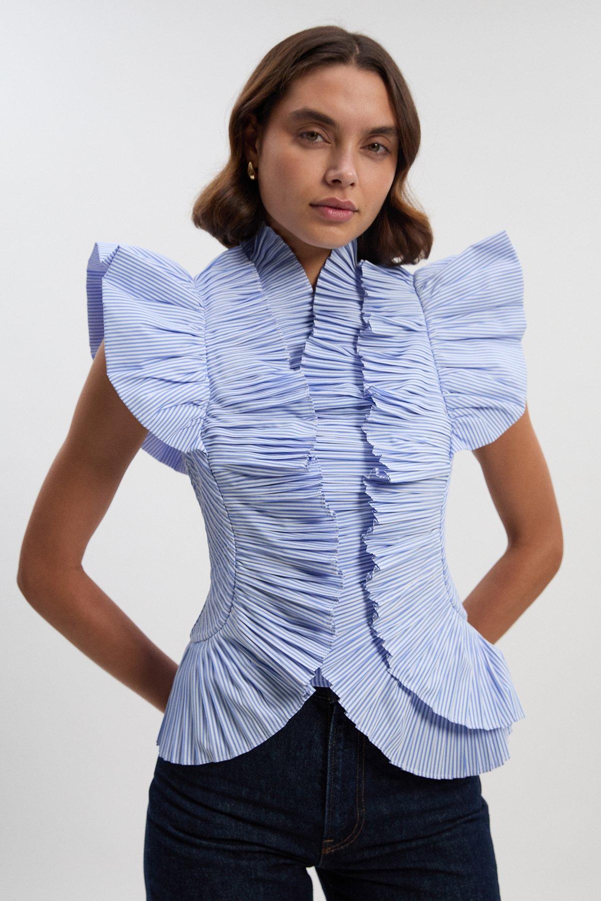 Stripe Pleated Ruffle Sleeve Woven Top - Blue