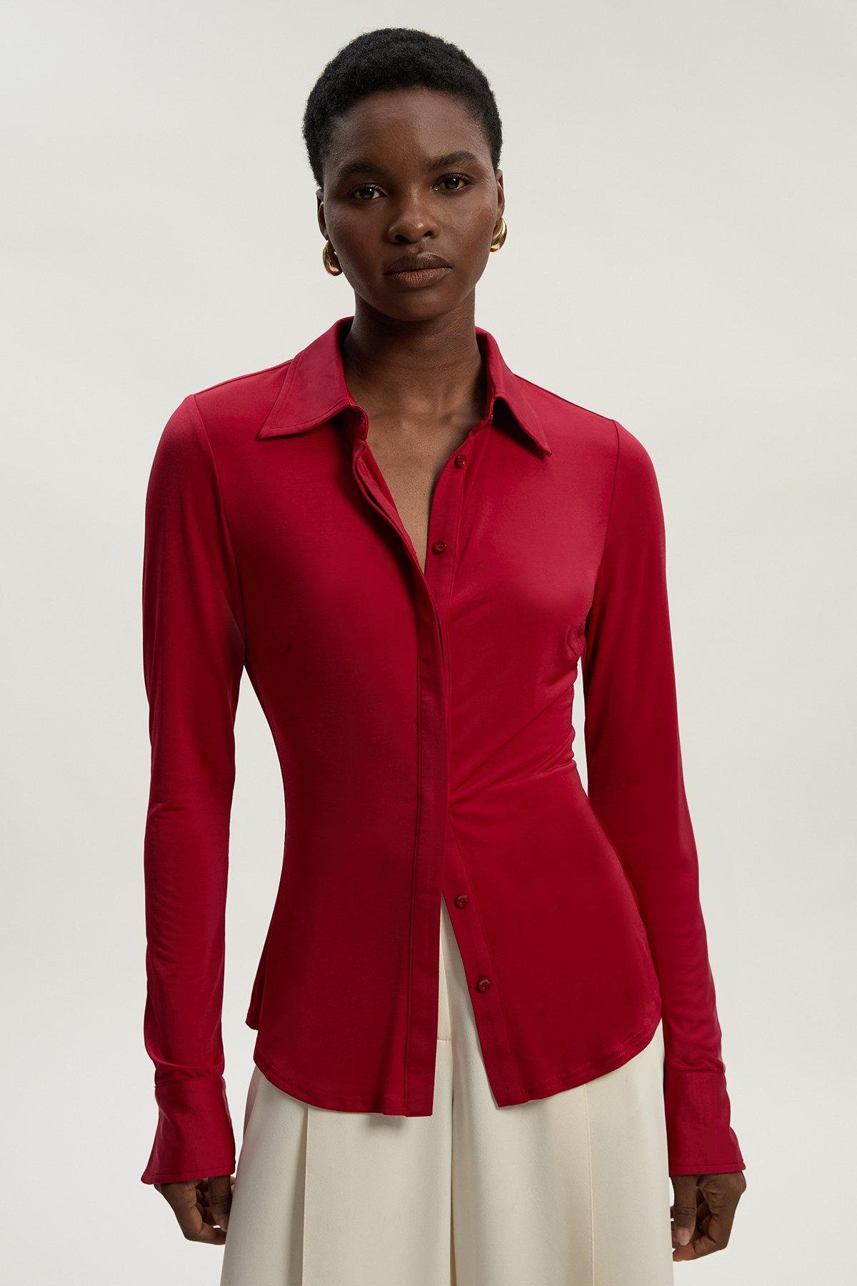 Drapey Crepe Slim Collared Shirt - Red