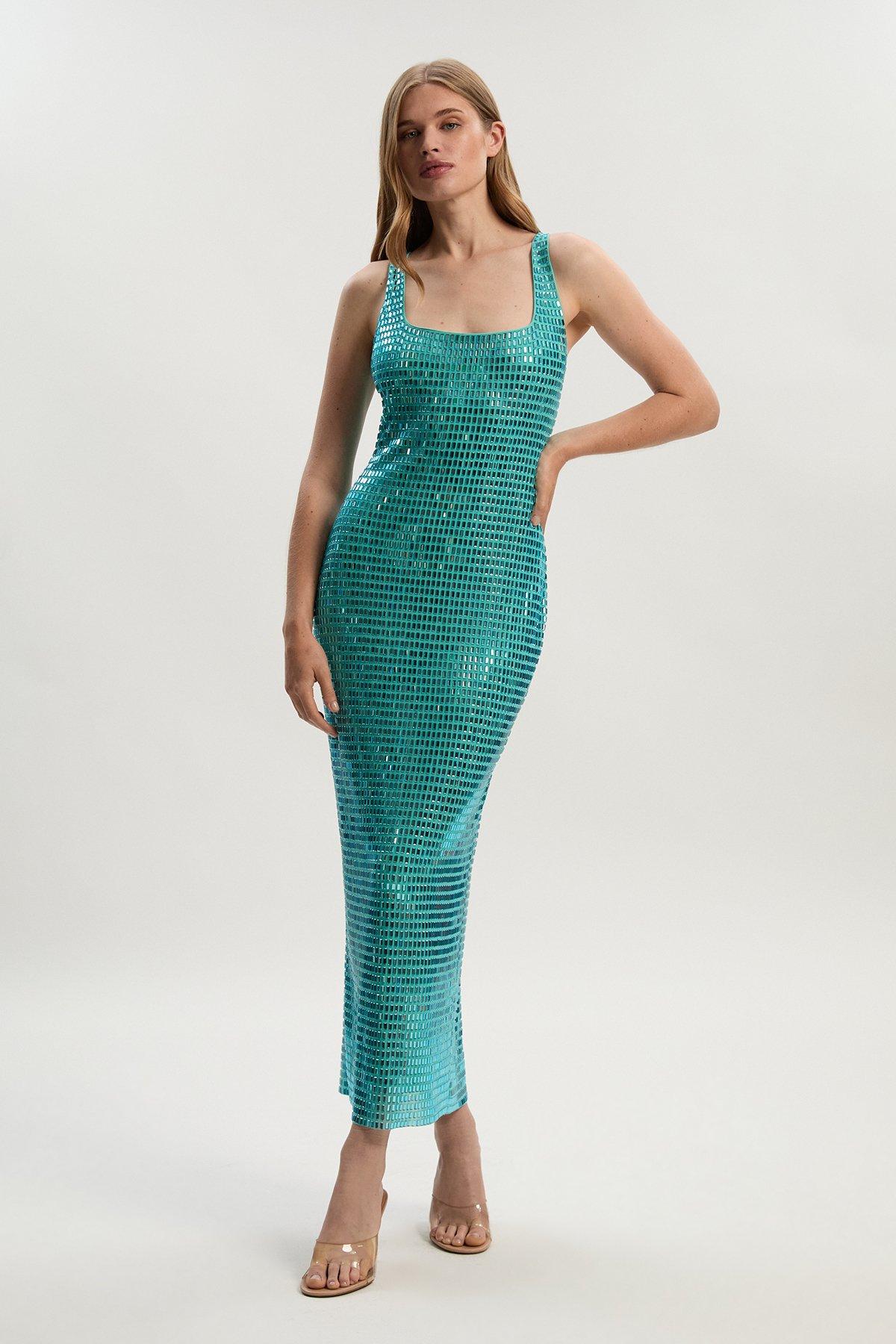 Premium Crystal Embellished Jersey Midi Dress - Aqua