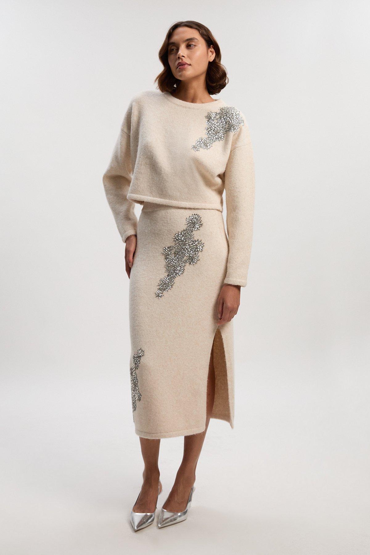 Tall Wool Blend Embellished Cosy Pencil Midi Skirt - Cream