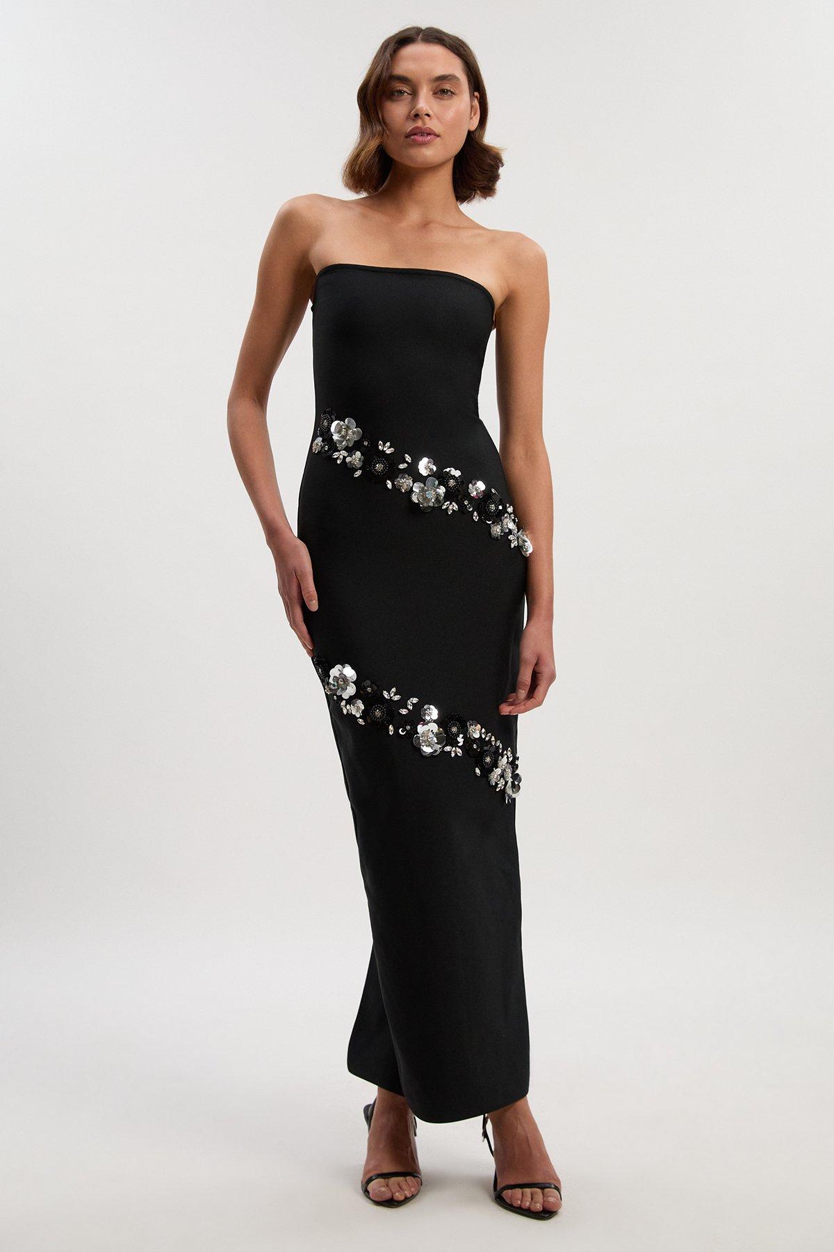 Petite Embellished Figure Form Bandeau Maxi Dress - Black