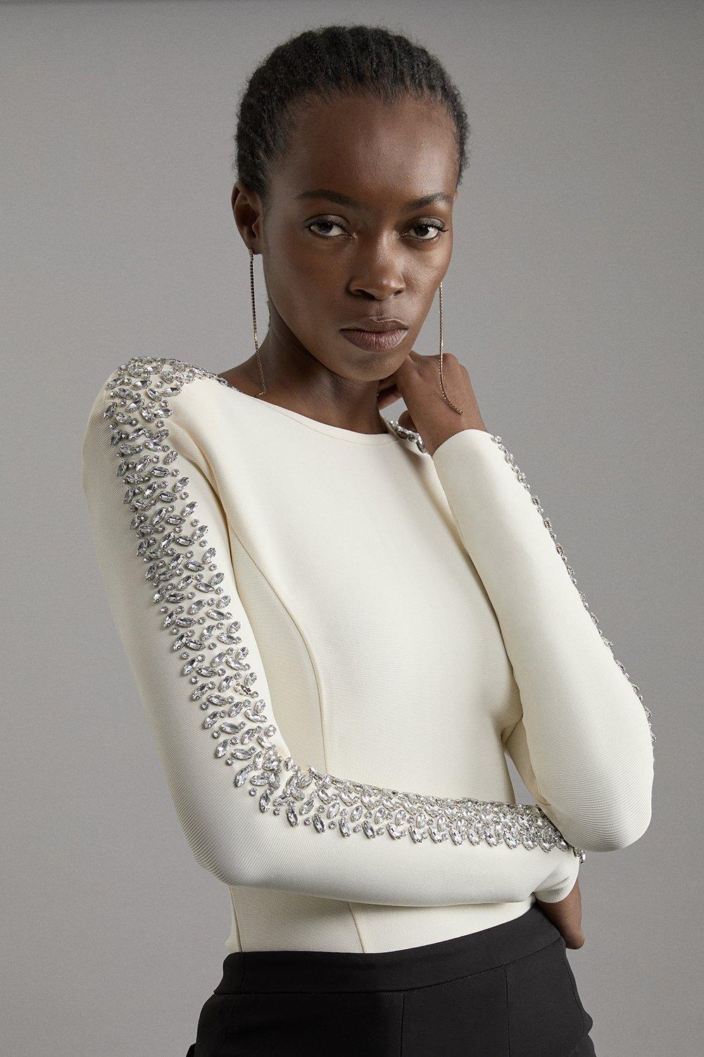 Petite Figure Form Bandage Knit Embellished Top - Ivory