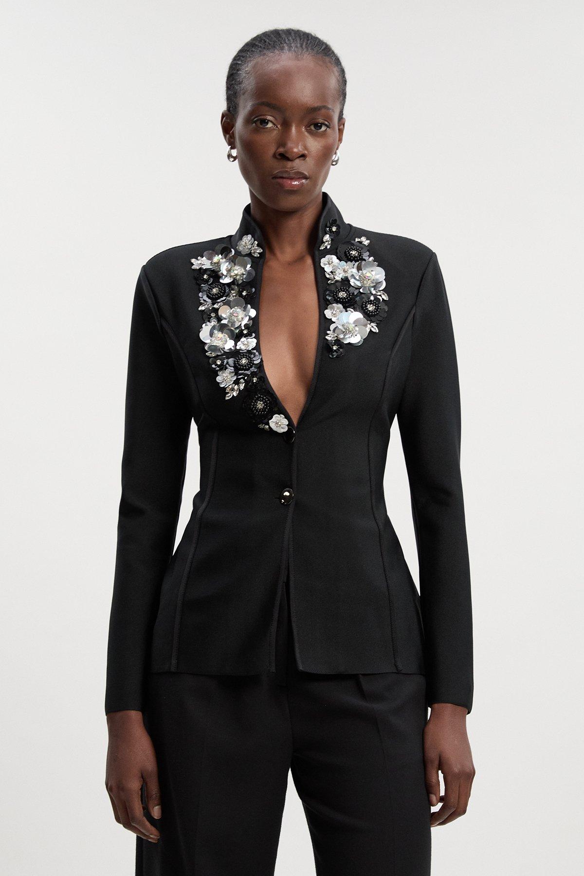 Embellished Figure Form Fitted Blazer Jacket - Black