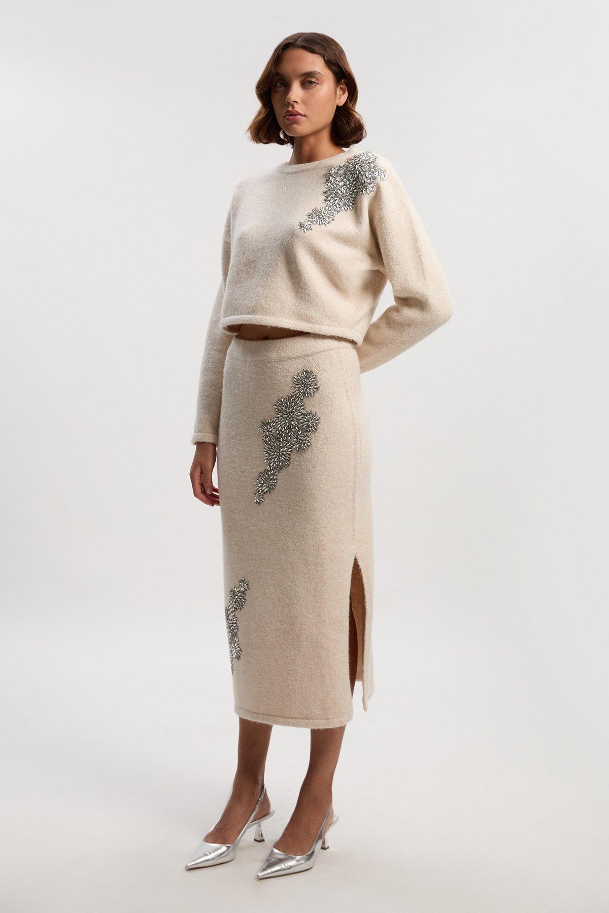 Wool Blend Embellished Cosy Pencil Midi Skirt - Cream