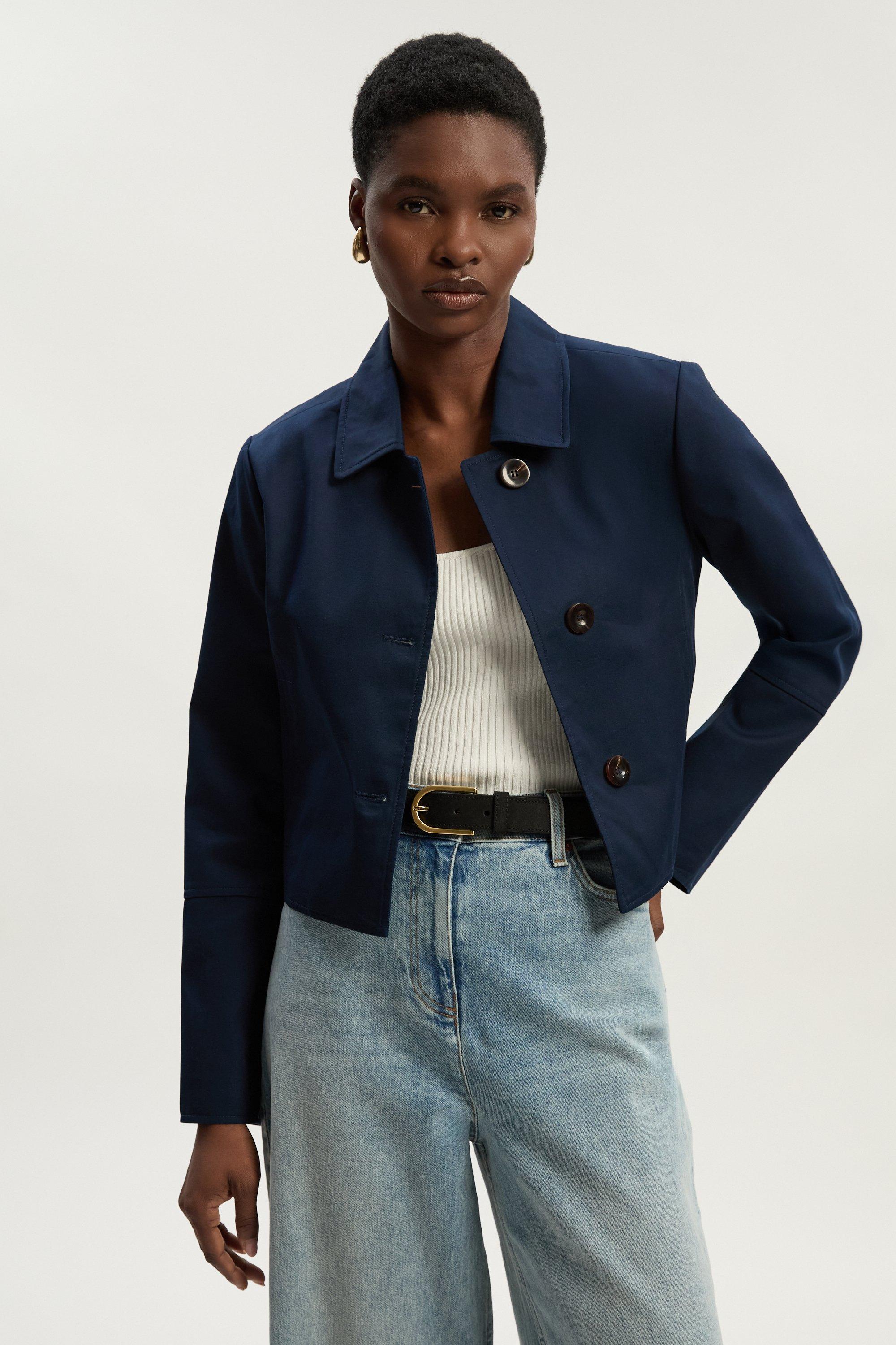 Petite Cotton Button Tailored Jacket - Navy