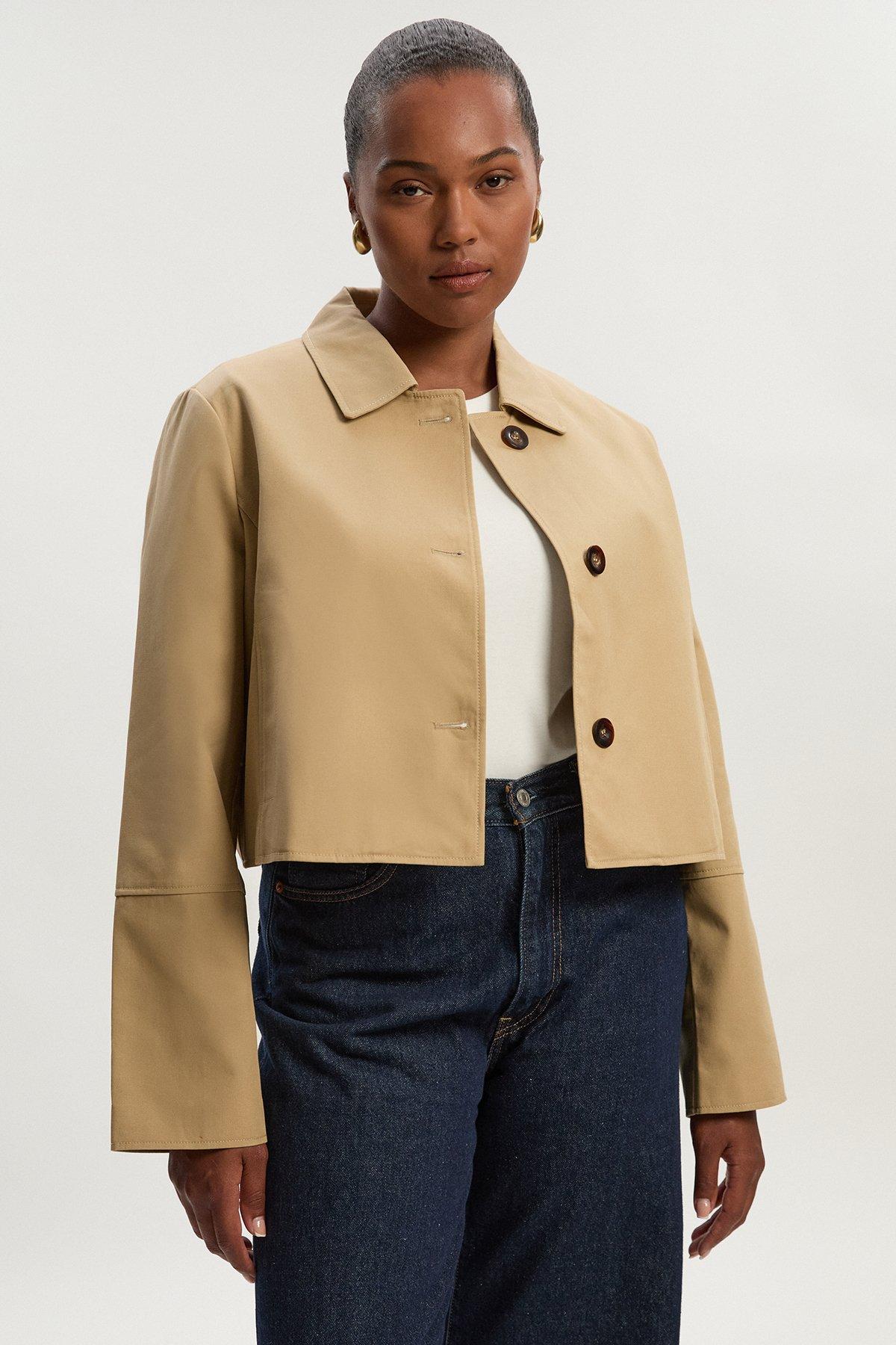 Plus Size Cotton Button Tailored Jacket - Camel