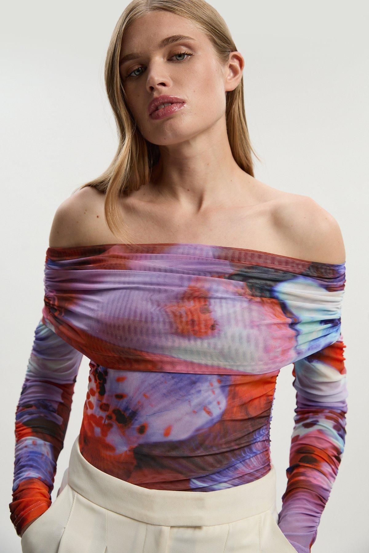 Floral Printed Mesh Off The Shoulder Bodysuit - Lilac