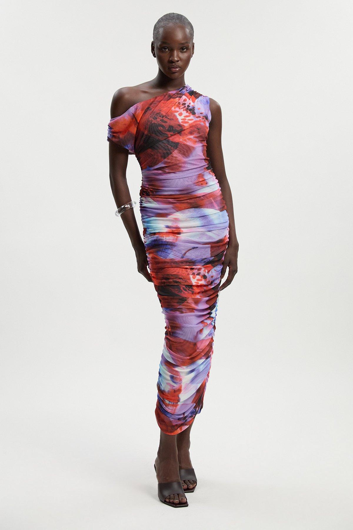 Floral Printed Mesh Ruched One Shoulder Maxi Dress - Lilac
