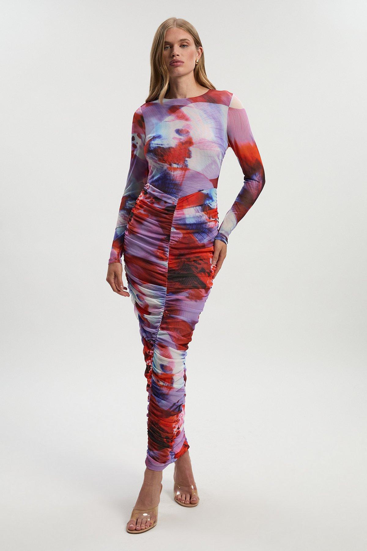Floral Printed Mesh Ruched Long Sleeve Maxi Dress - Lilac