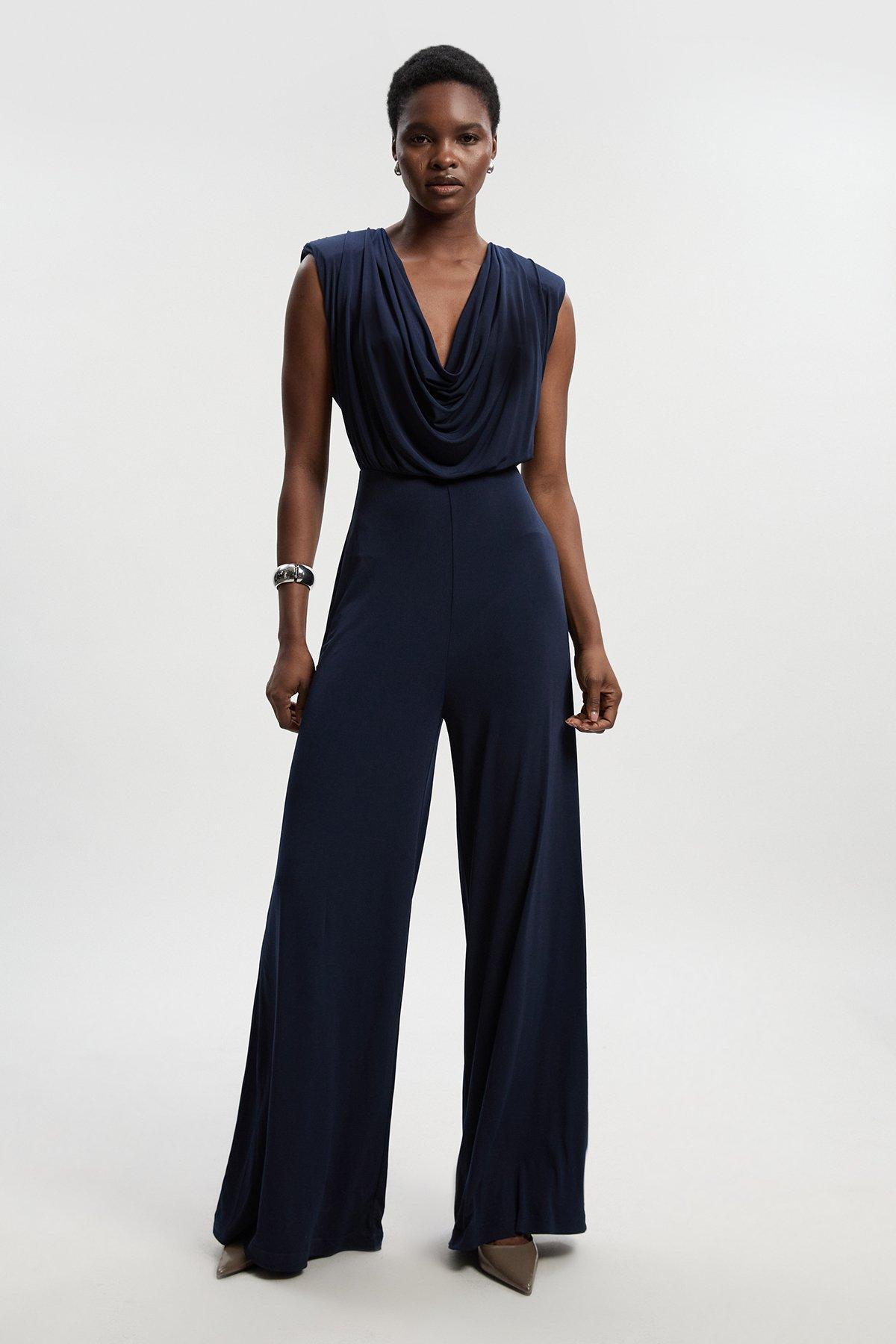 Jersey Crepe Cowl Neck Wide Leg Jumpsuit - Navy