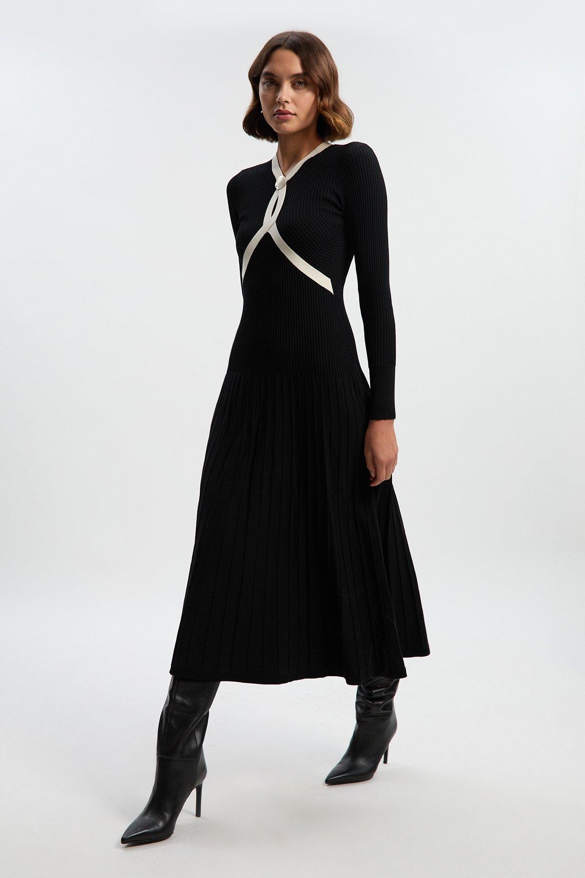 Rib Knit Trim Detail Full Skirt Midi Dress - Mono