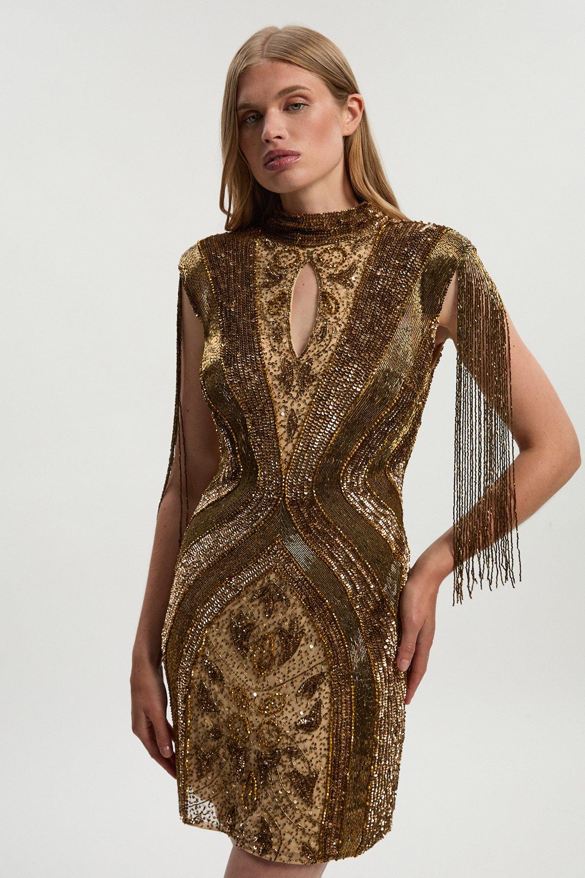 Petite Embellished Beaded Cap Sleeve Woven Mini Dress - Bronze