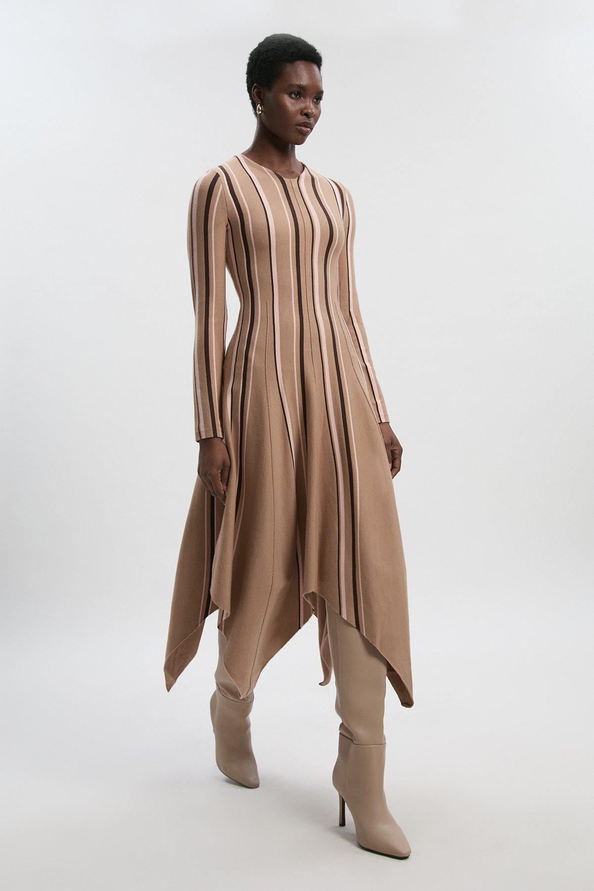 Stripe Viscose Blend Asymmetric Hem Knit Midi Dress - Camel