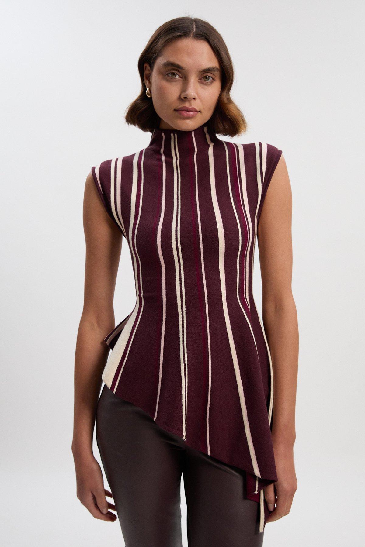 Stripe Viscose Blend Asymmetric Hem Knit Top - Red