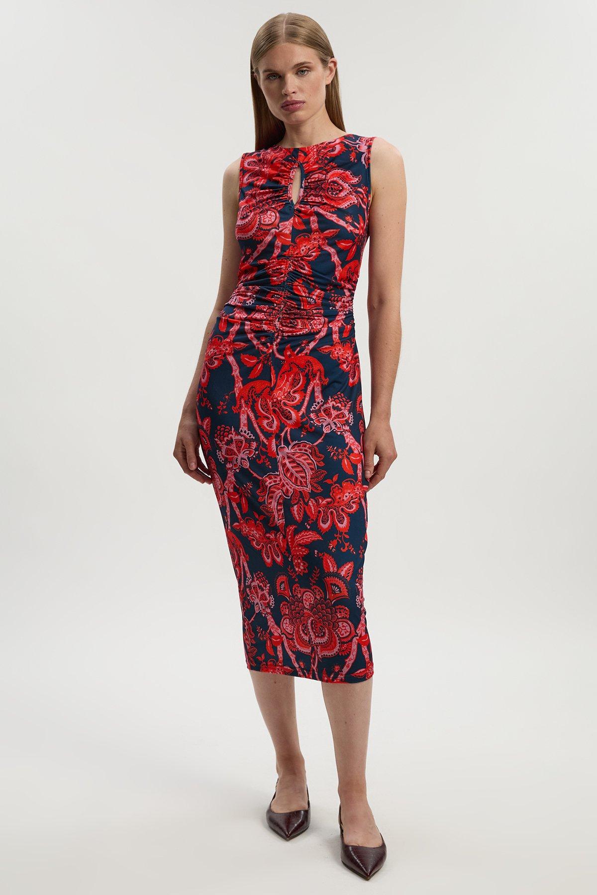 Paisley Floral Jersey Crepe Cut Out Neck Midi Dress - Red
