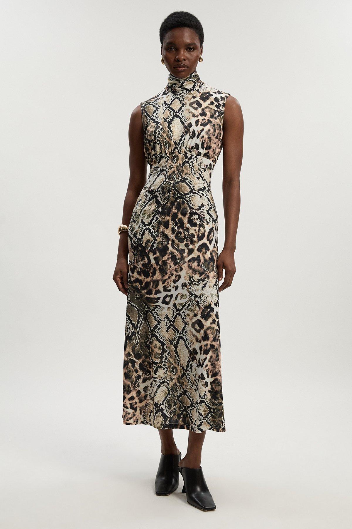 Snake Print High Neck Jersey Crepe Maxi Dress - Snake