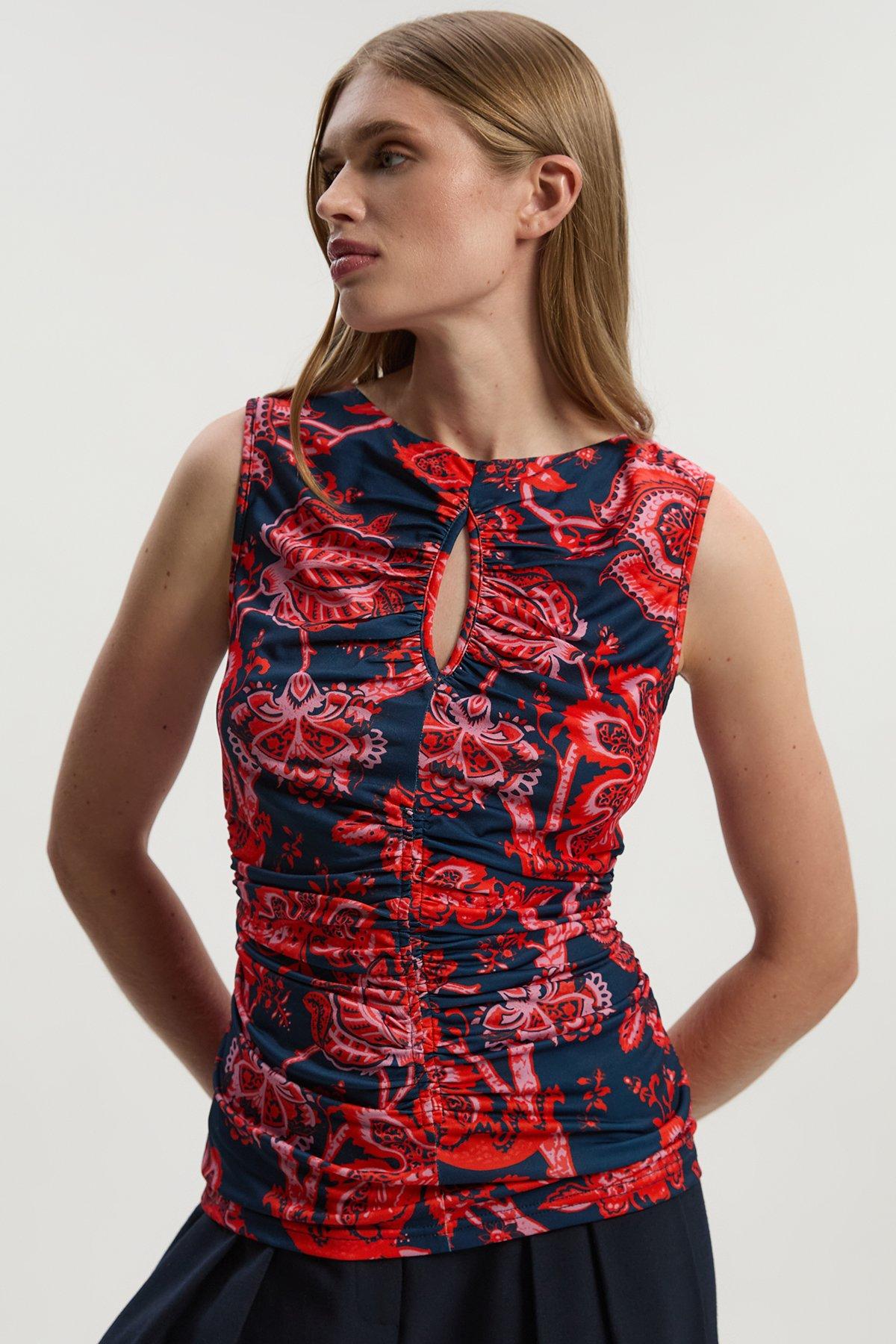 Paisley Floral Jersey Crepe Cut Out Neck Top - Red