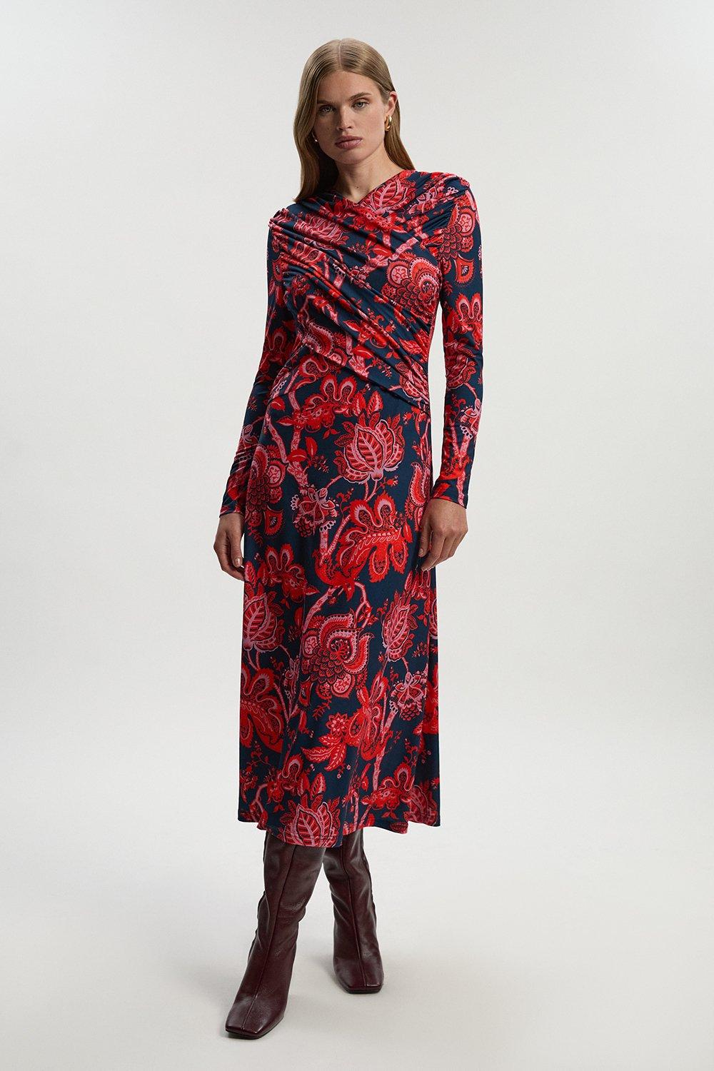 Paisley Floral Jersey Crepe Twist Maxi Dress - Red