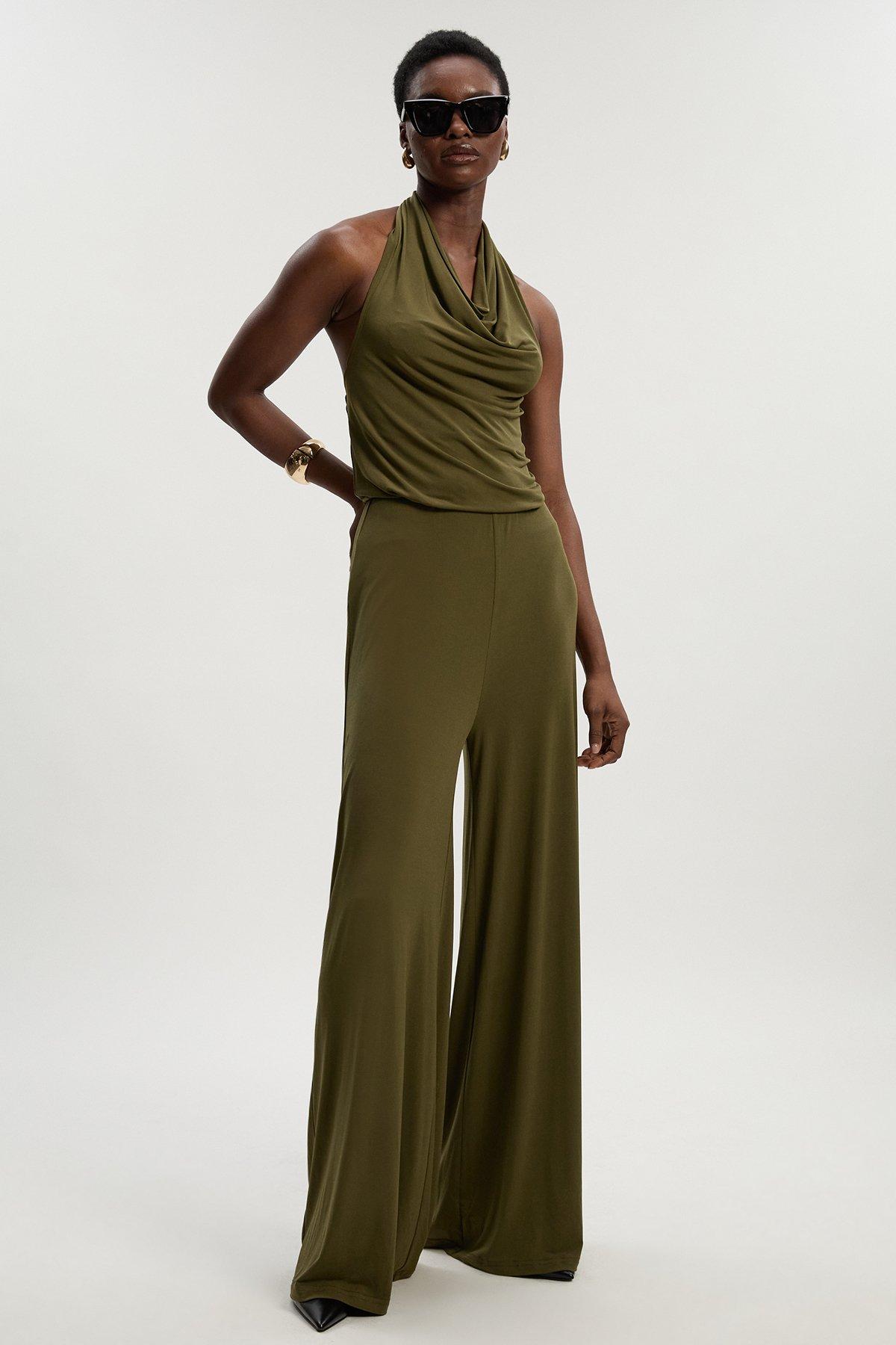 Halter Neck Jersey Crepe Jumpsuit - Khaki/Green