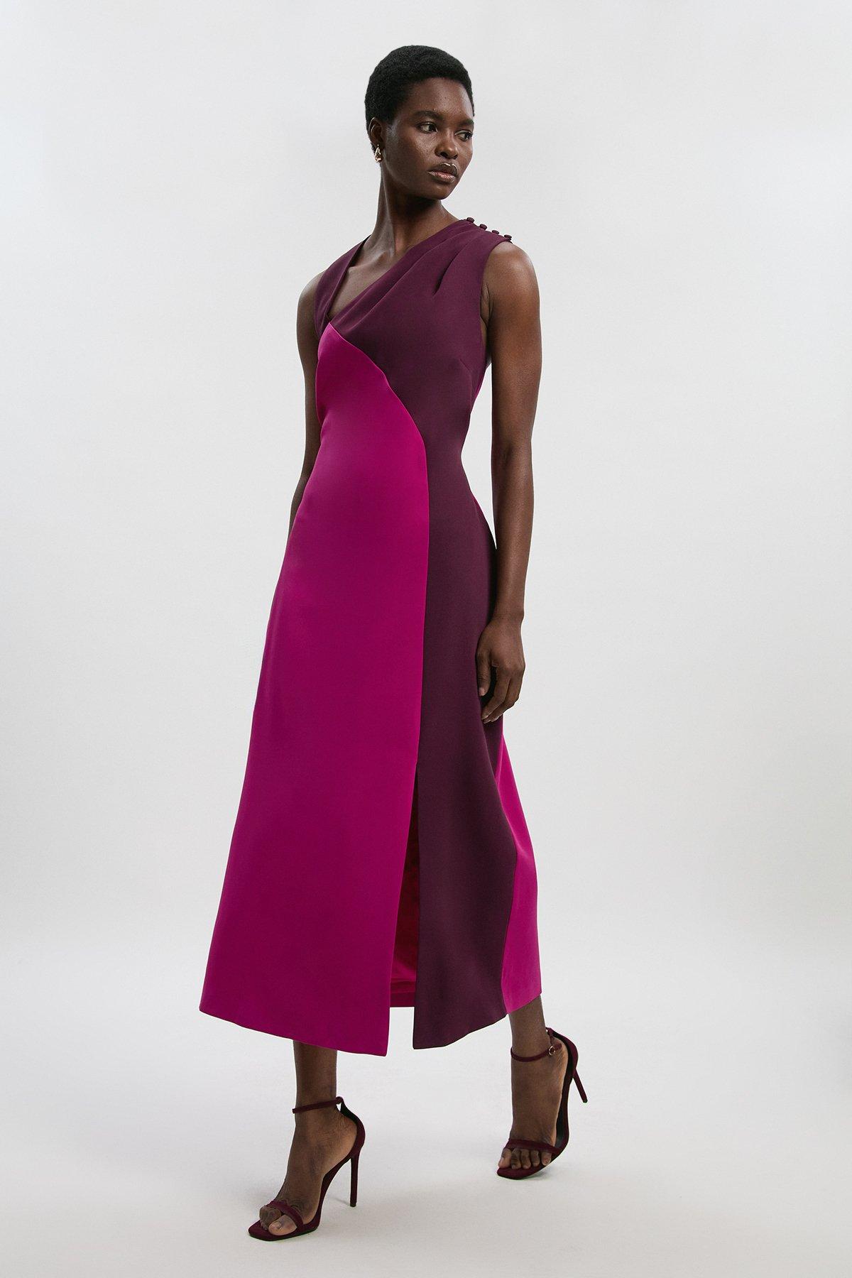 Soft Tailored Colour Block Halter Neck Midi Dress - Pink