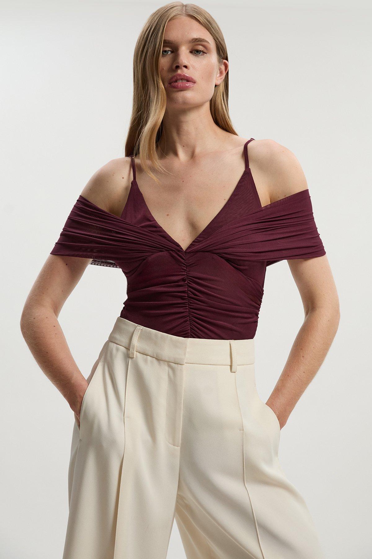 Mesh Plunge Strappy Detail Bodysuit - Red