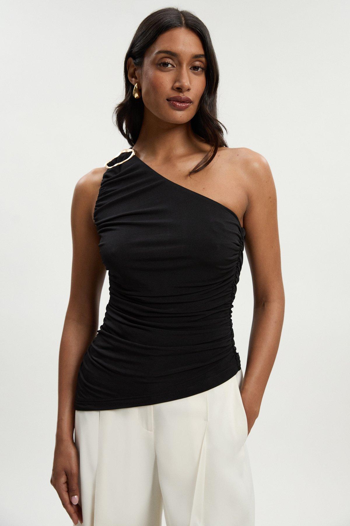 One Shoulder Drapey Crepe Trim Detail Ruched Top - Black