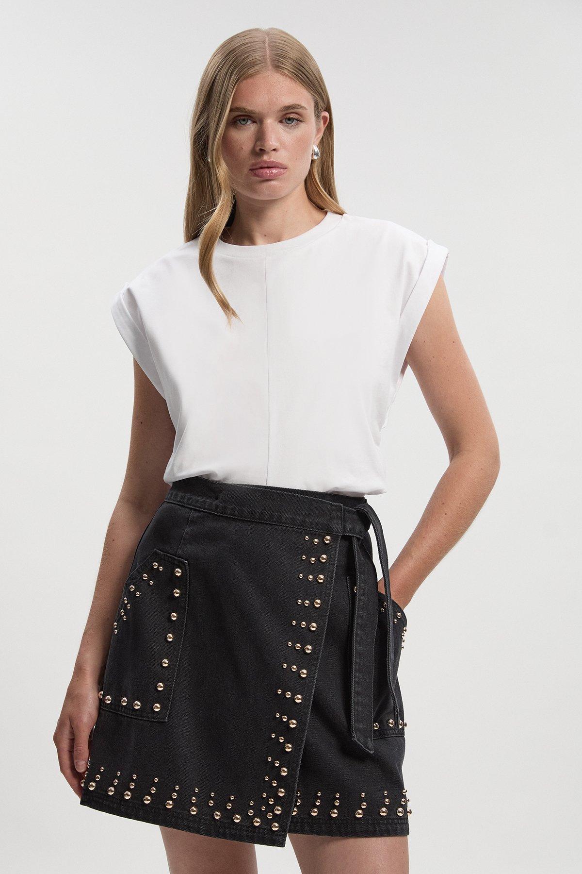 Denim Studded Wrap Mini Skirt - Black