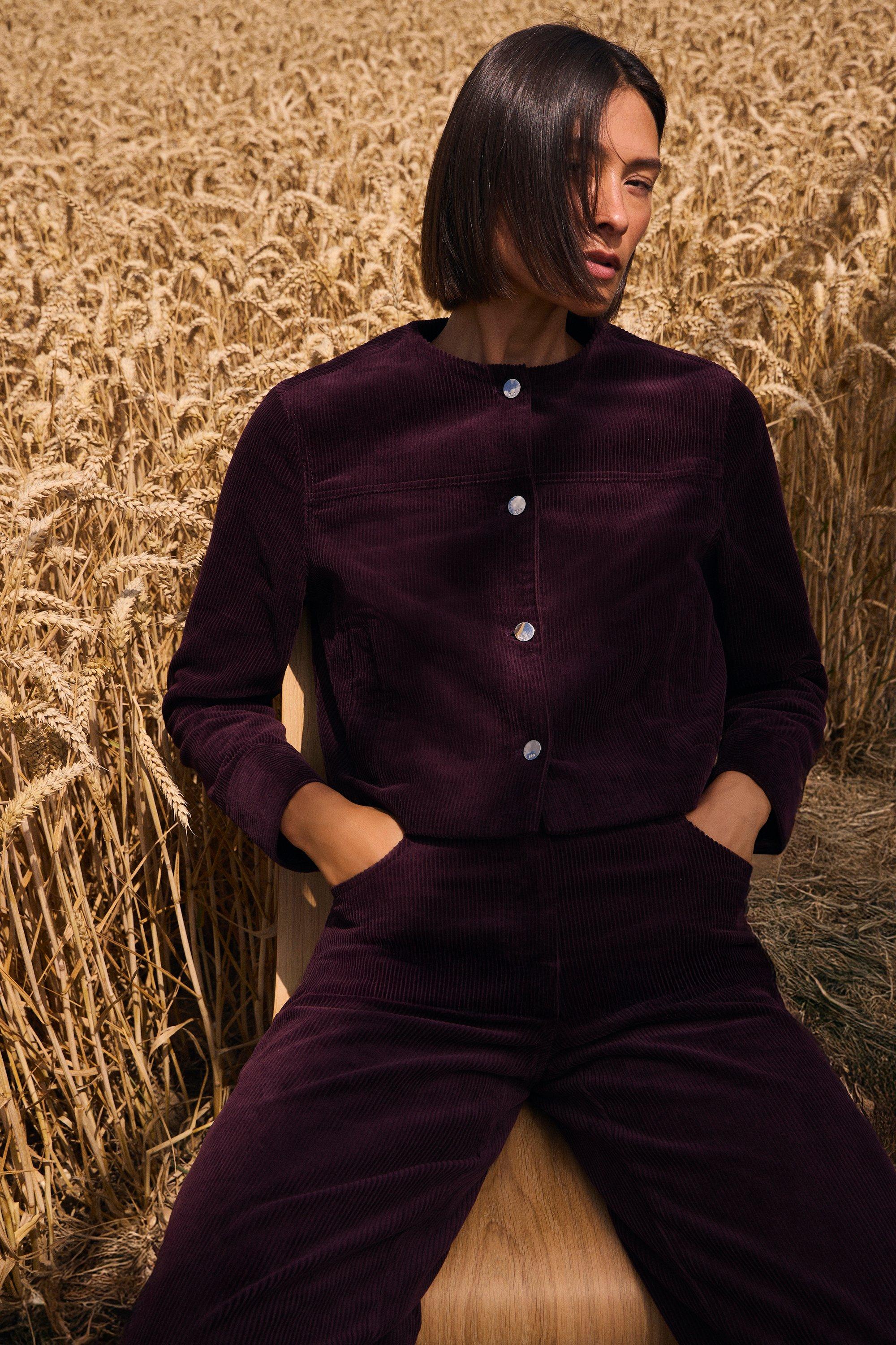 Cord Collarless Tailored Jacket - Red